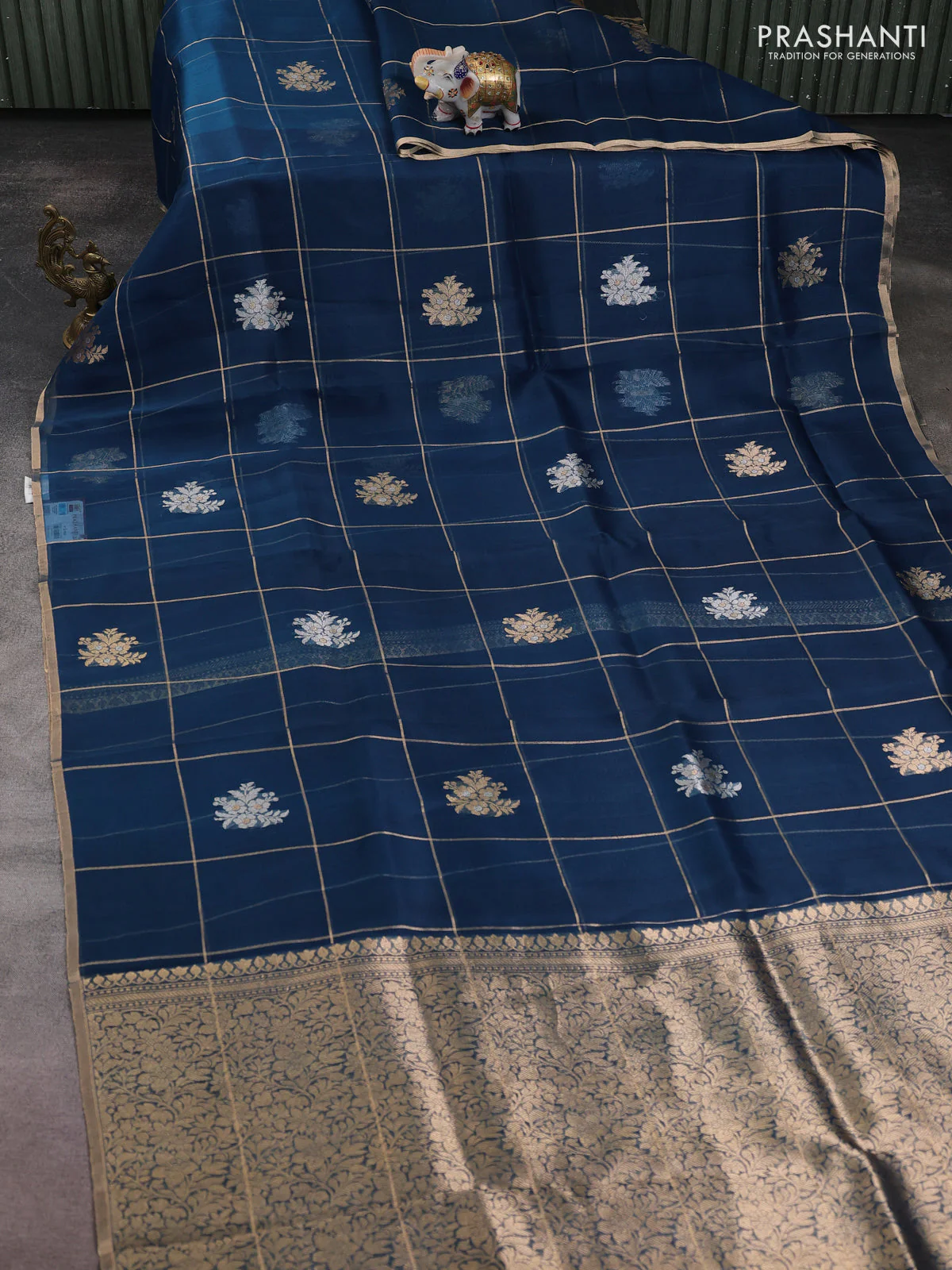 Banarasi organza silk saree peacock blue with allover zari checks & buttas and zari woven border - Image 2
