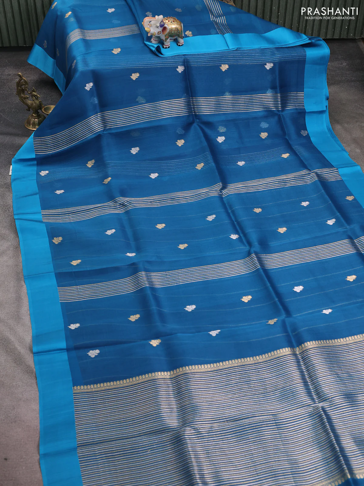 Banarasi organza silk saree peacock blue with silver & gold zari woven buttas and simple border - Image 2