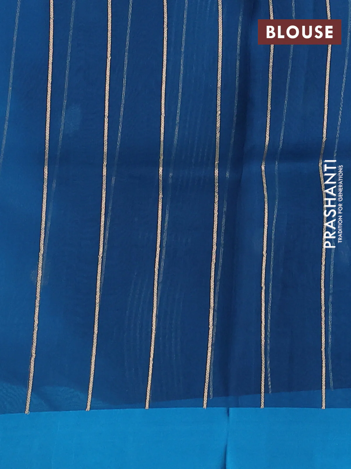 Banarasi organza silk saree peacock blue with silver & gold zari woven buttas and simple border - Image 3