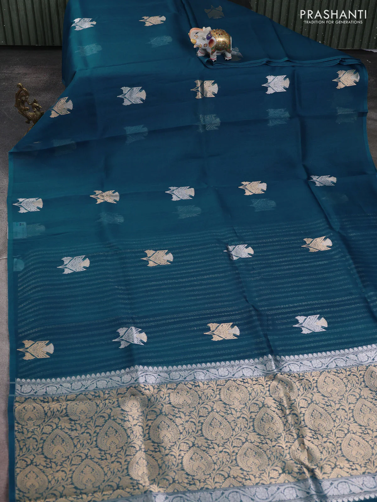 Banarasi organza silk saree peacock blue with zari woven buttas and piping border - Image 2