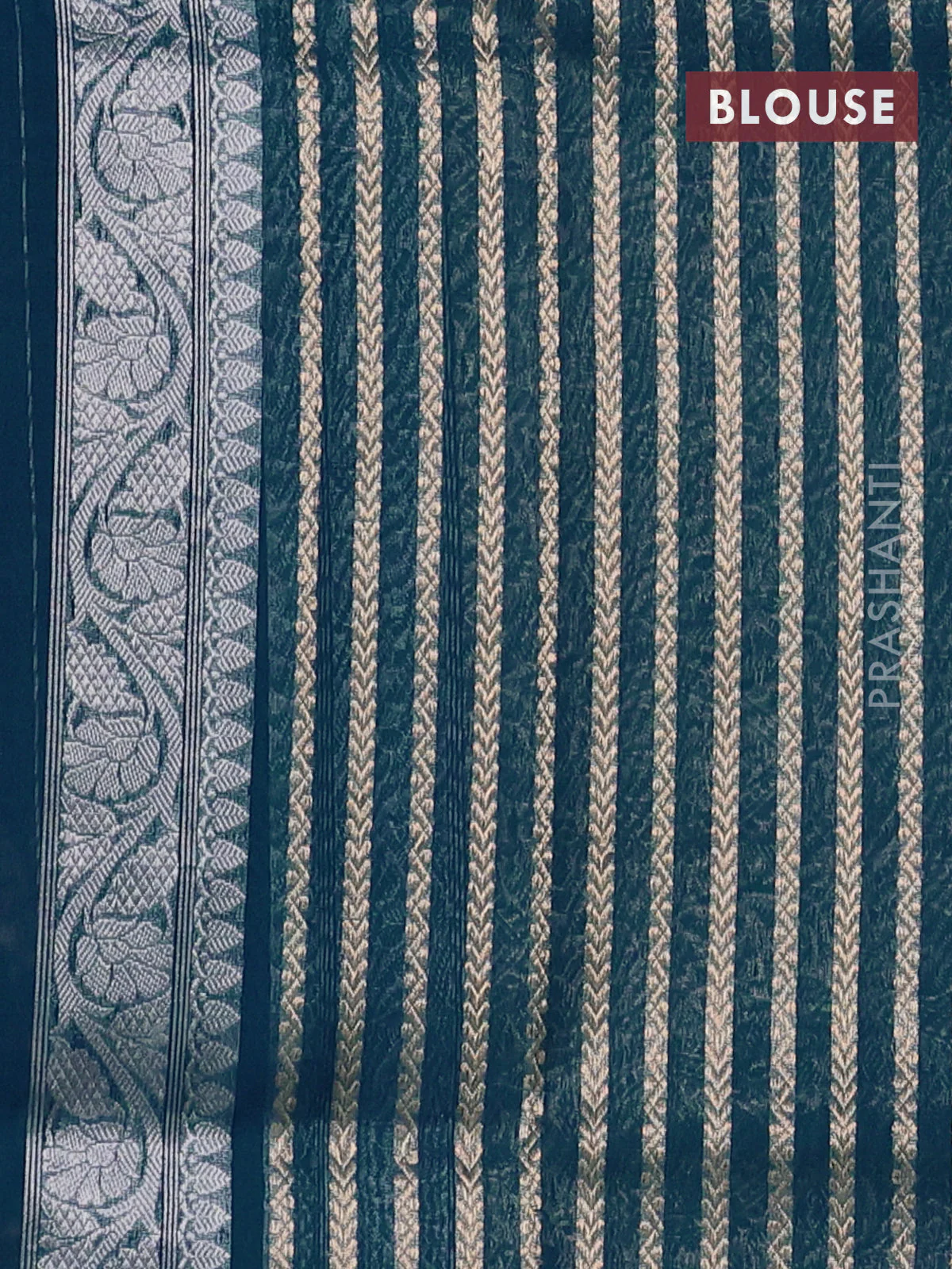 Banarasi organza silk saree peacock blue with zari woven buttas and piping border - Image 3