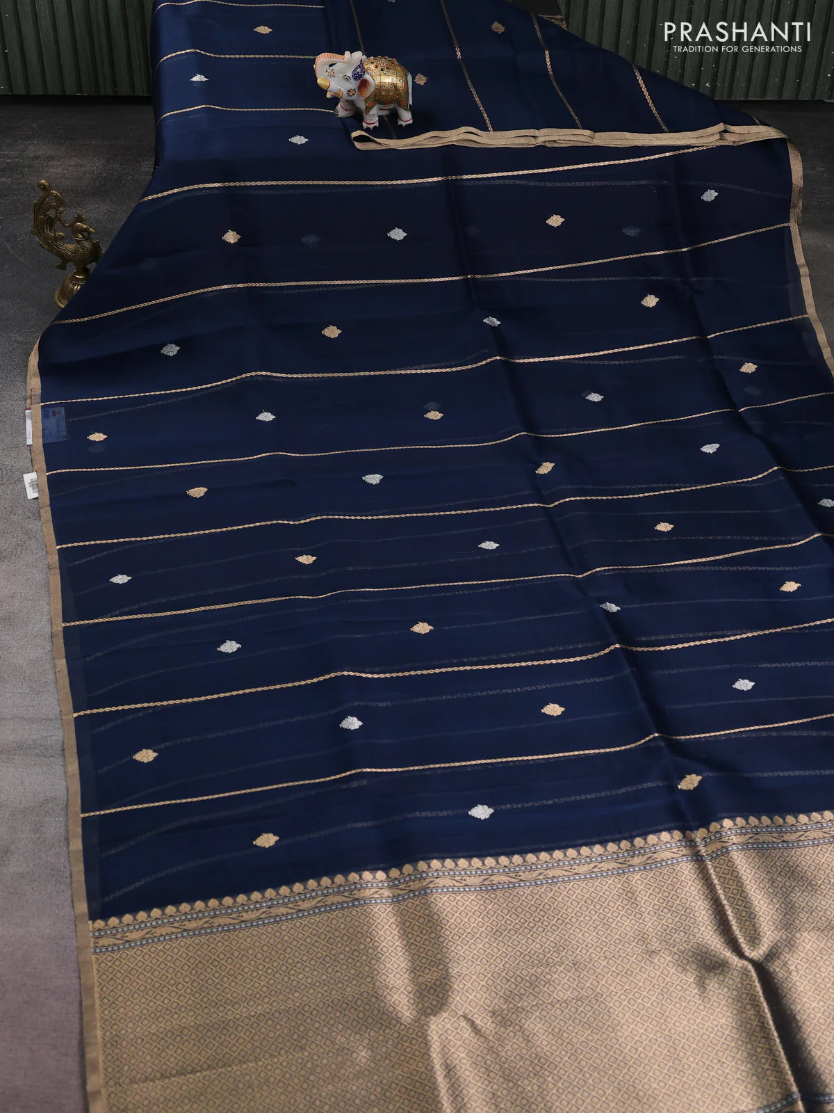 Banarasi organza silk saree peacock green with allover zari stripes pattern & butas and zari woven border - Image 2
