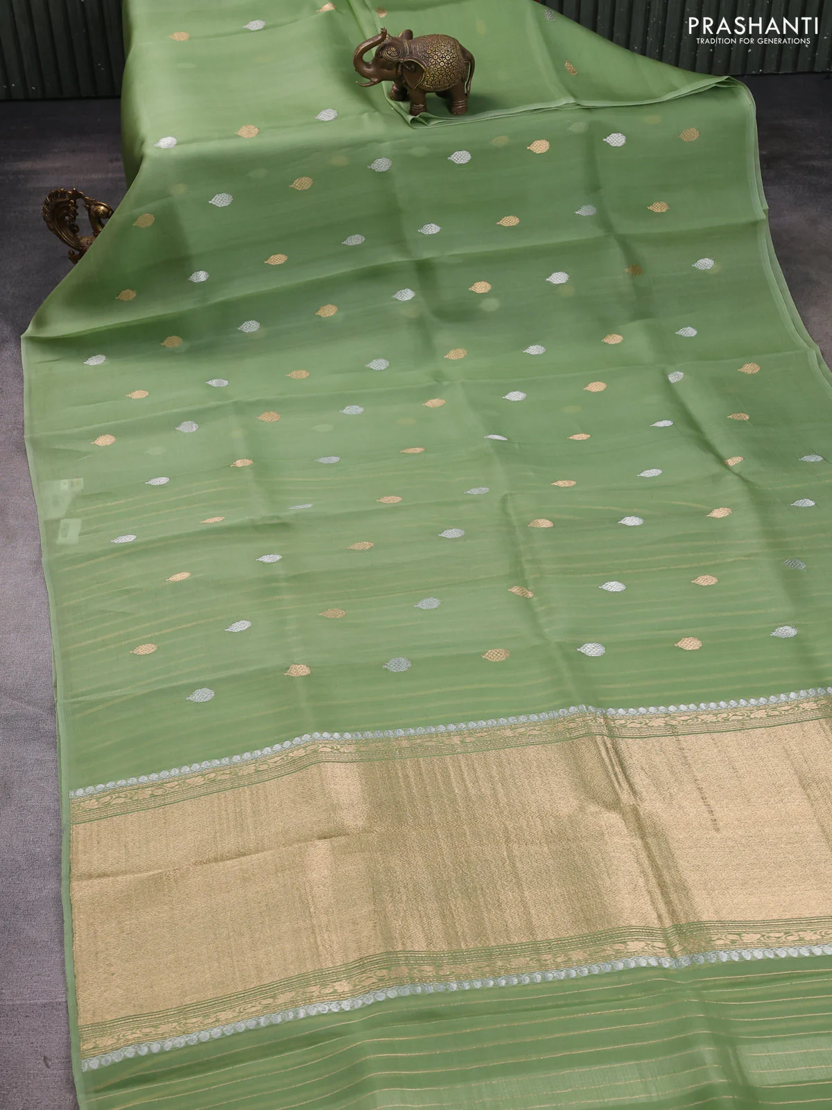 Banarasi organza silk saree pista green with allover zari weaves and piping border - Image 2