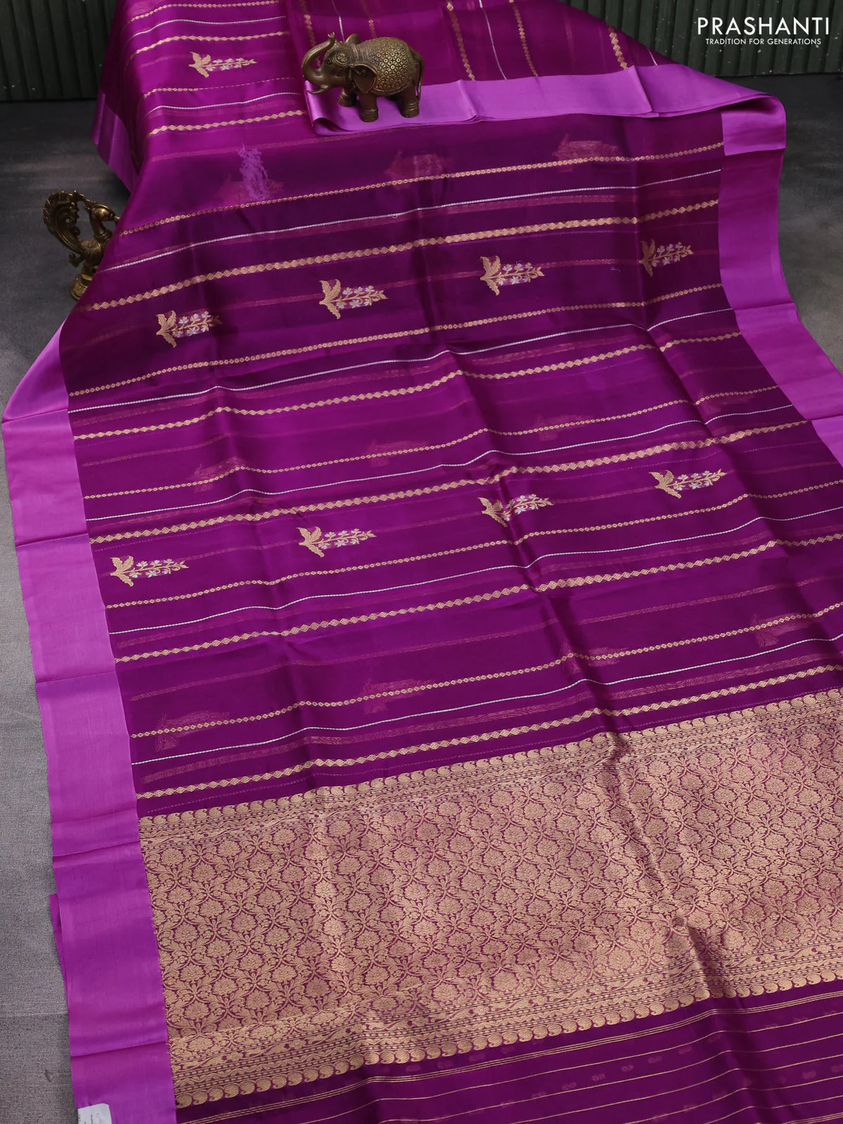 Banarasi organza silk saree purple and lavender with allover zari stripes pattern and zari woven butta border - Image 2
