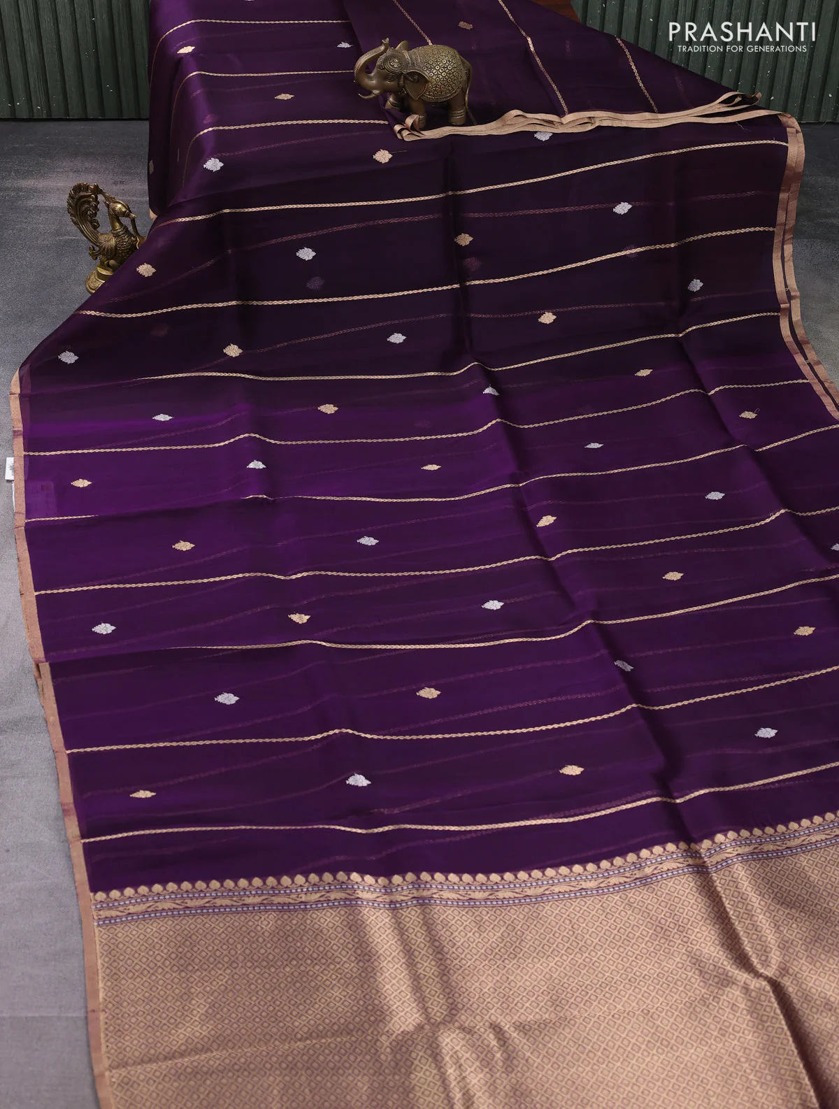 Banarasi organza silk saree purple with allover zari stripes pattern & butas and zari woven border - Image 2