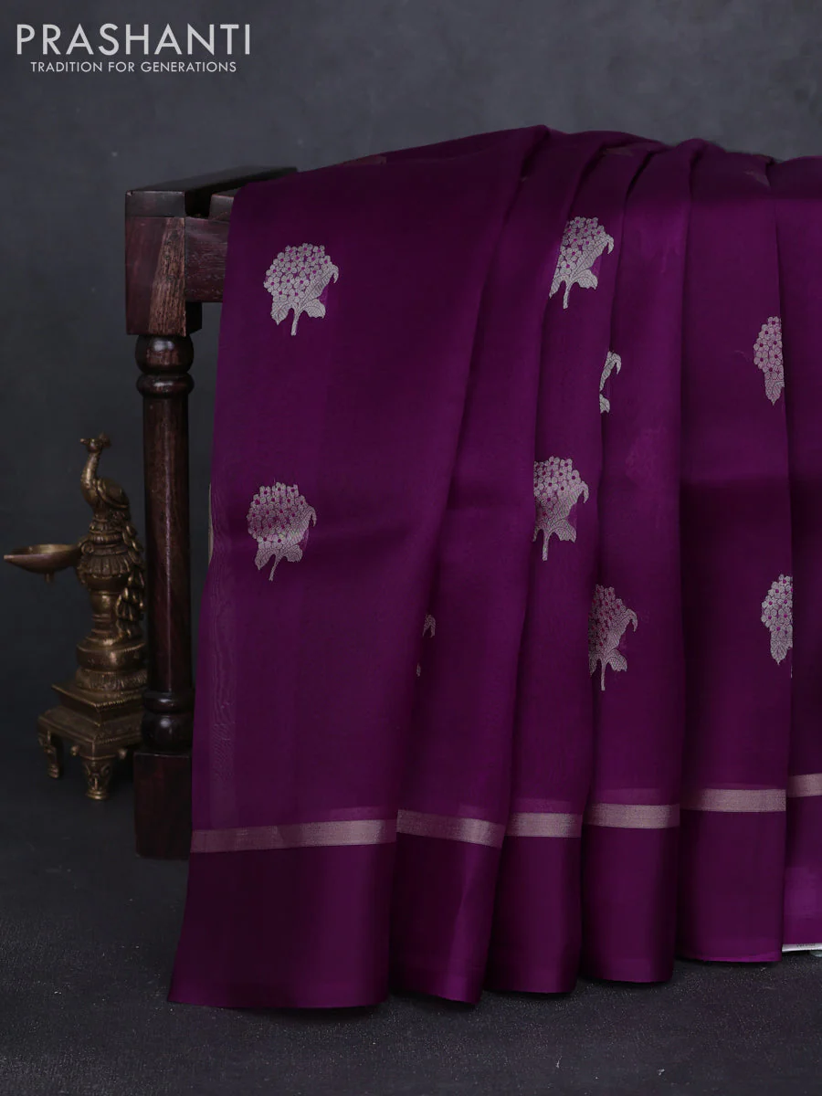 Banarasi organza silk saree purple with allover zari woven buttas and zari woven simple border