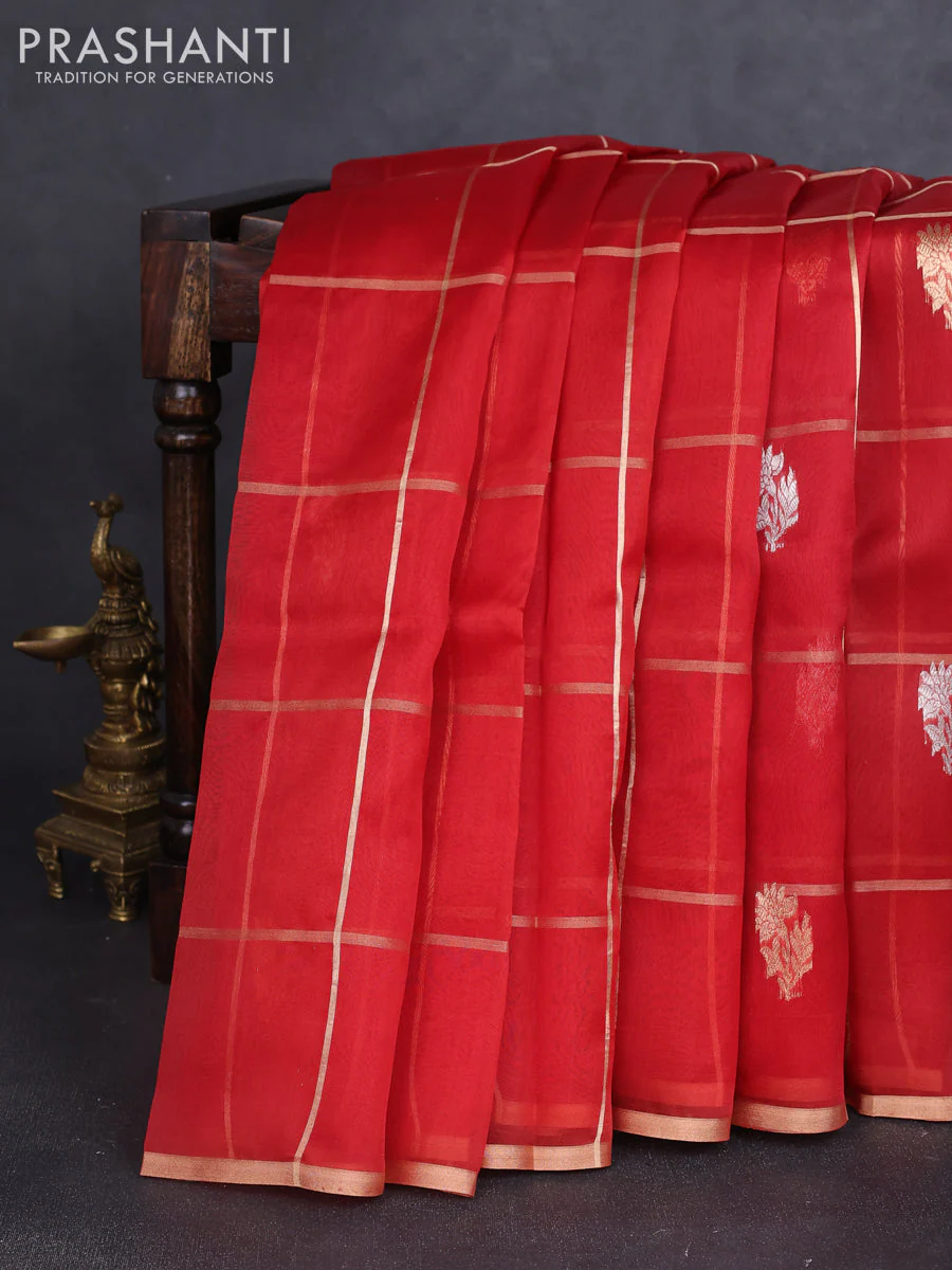 Banarasi organza silk saree red with allover zari checks & buttas and zari woven border