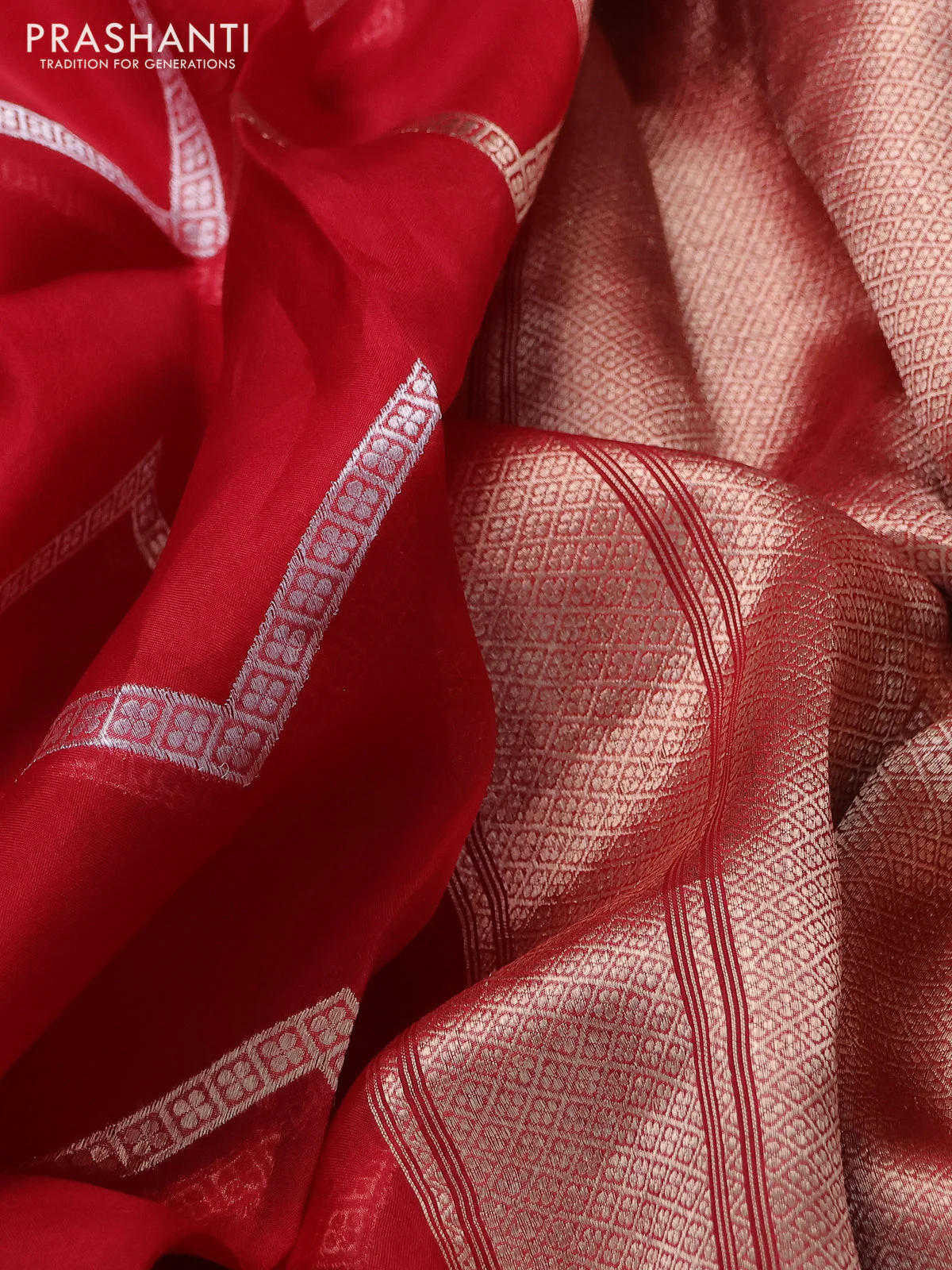 Banarasi organza silk saree red with silver & gold zig zag weaves and zari woven border - Image 3