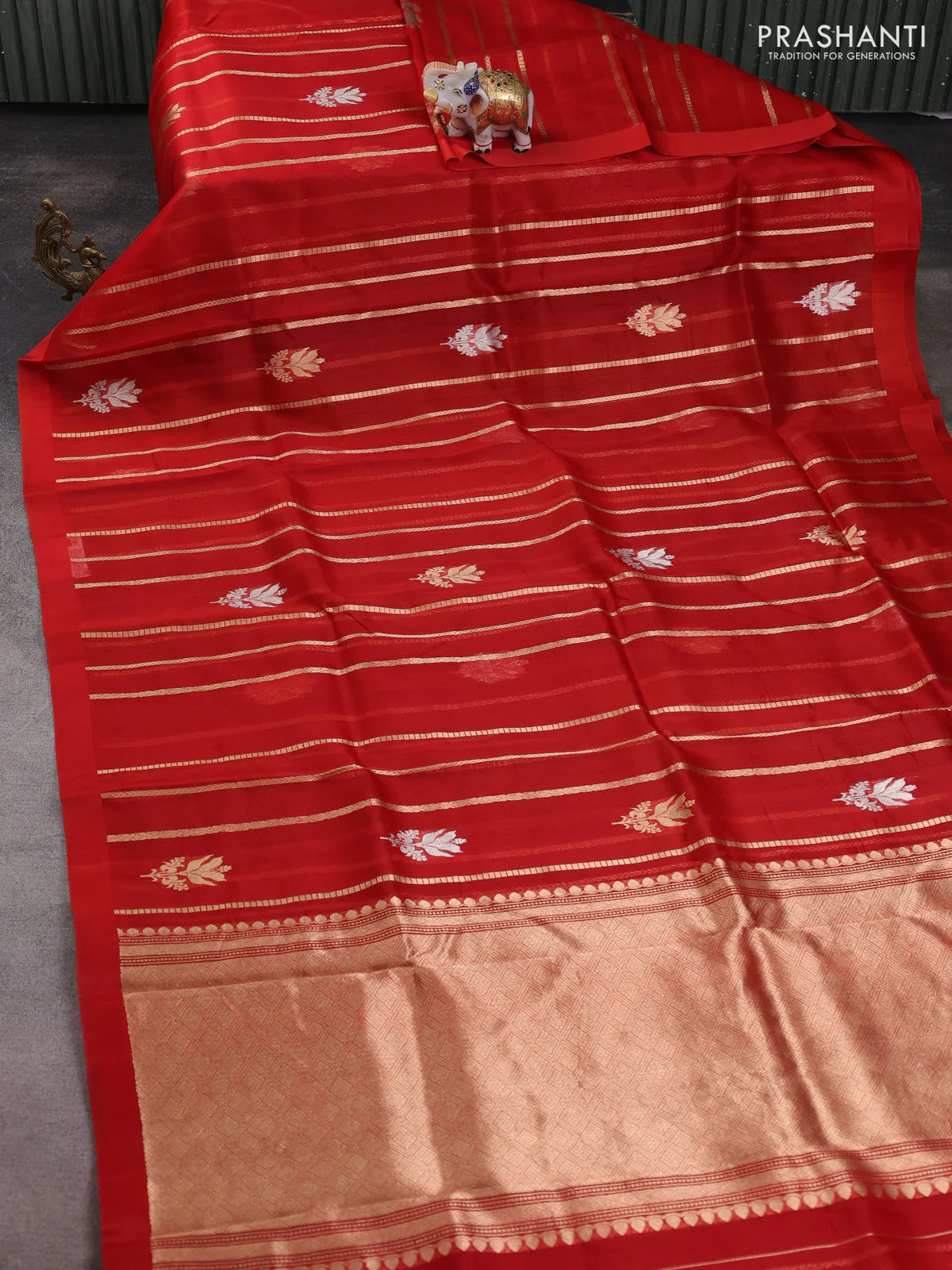 Banarasi organza silk saree red with zari stripes & buttas and simple border - Image 2