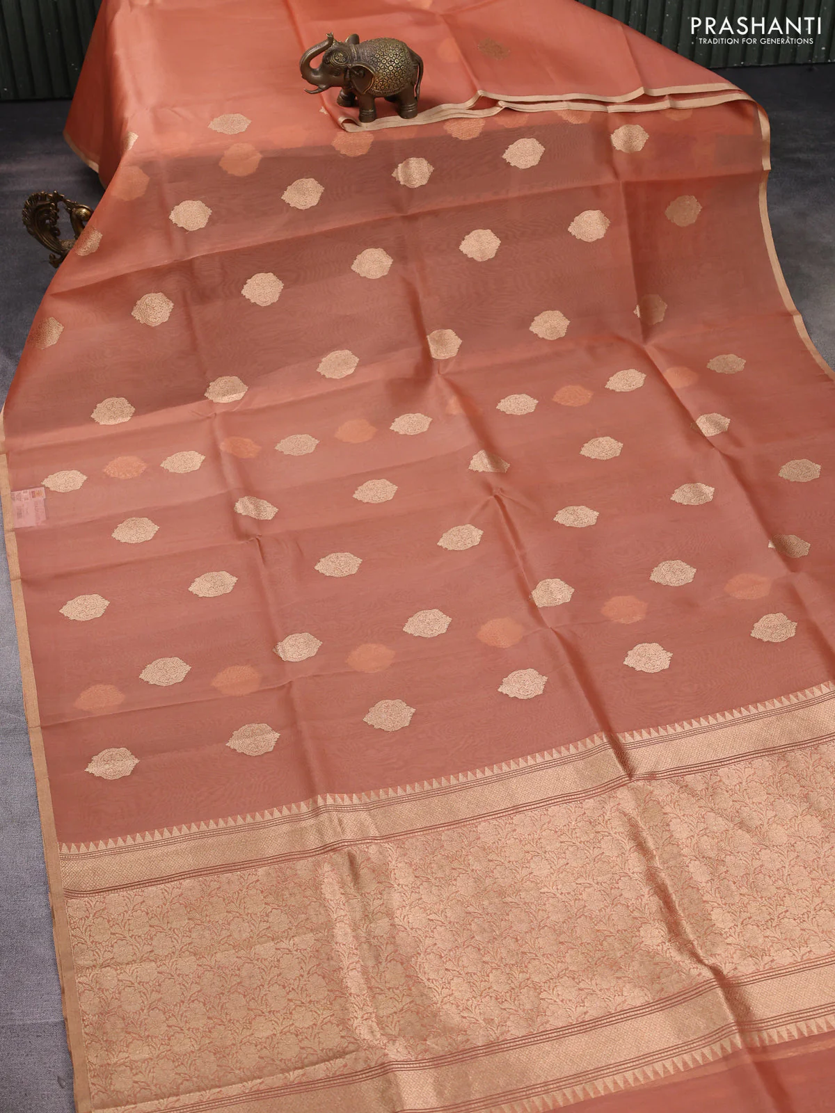Banarasi organza silk saree rust shade with zari woven buttas and zari woven border - Image 2
