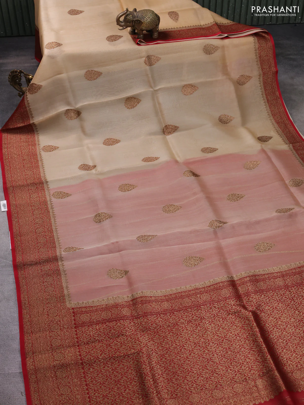 Banarasi organza silk saree sandal and maroon with allover thread & zari woven buttas and thread & zari woven border - Image 2