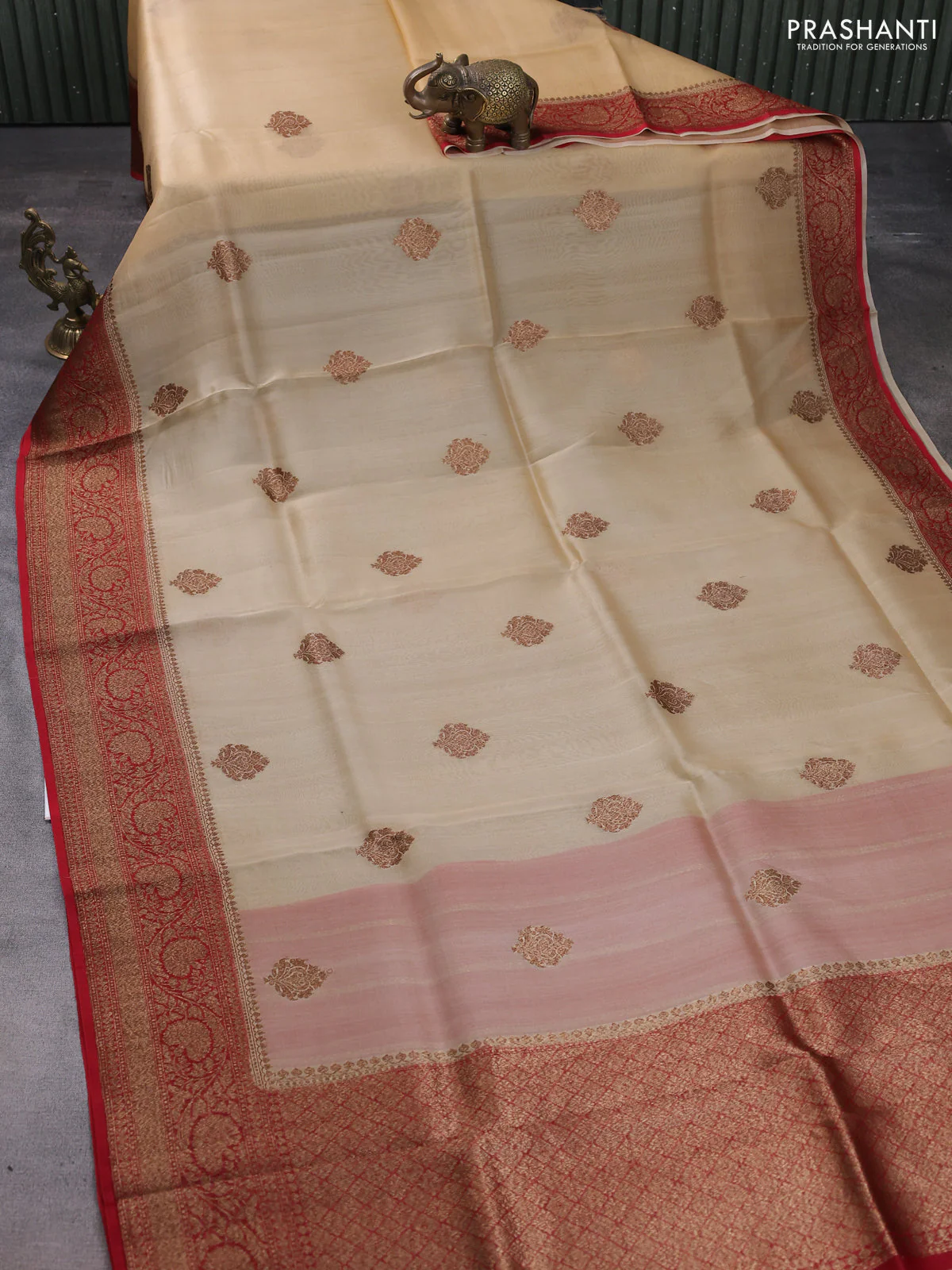 Banarasi organza silk saree sandal and red with woven buttas and woven border - Image 2