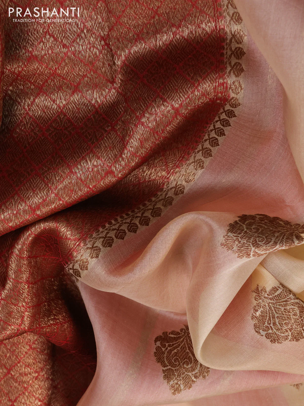 Banarasi organza silk saree sandal and red with woven buttas and woven border - Image 3