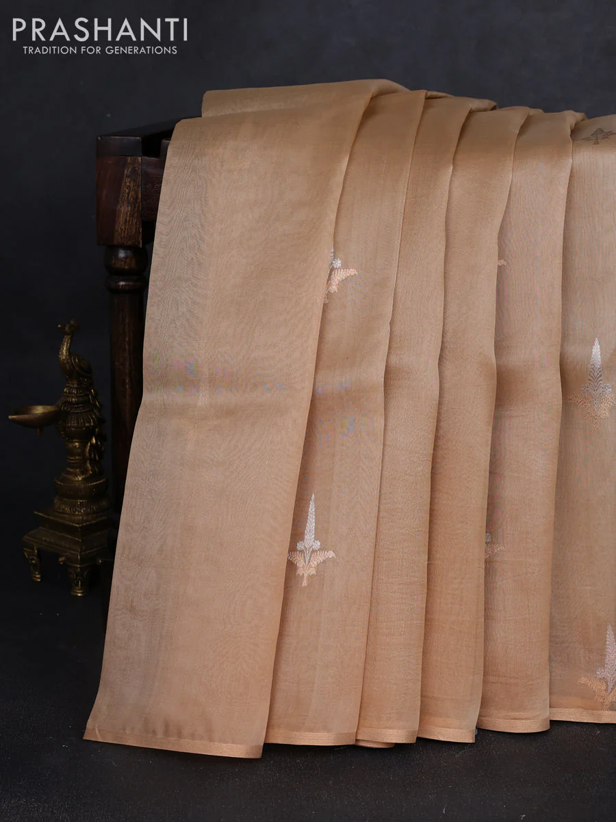 Banarasi organza silk saree sandal with zari woven buttas and zari woven border