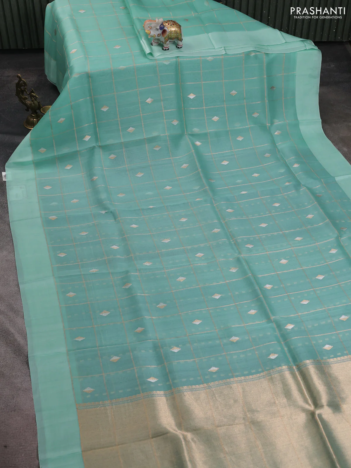 Banarasi organza silk saree teal blue with allover zari checks & buttas and simple border - Image 2