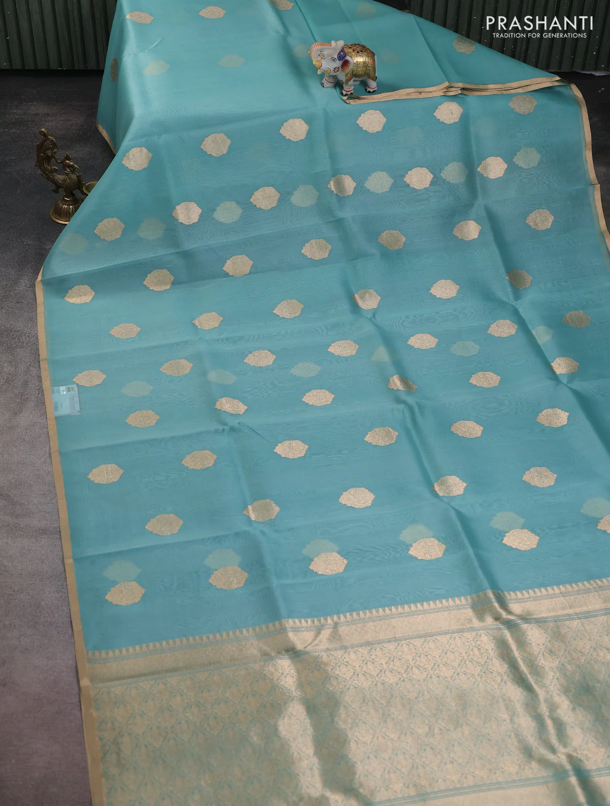 Banarasi organza silk saree teal blue with zari woven buttas and zari woven border - Image 2