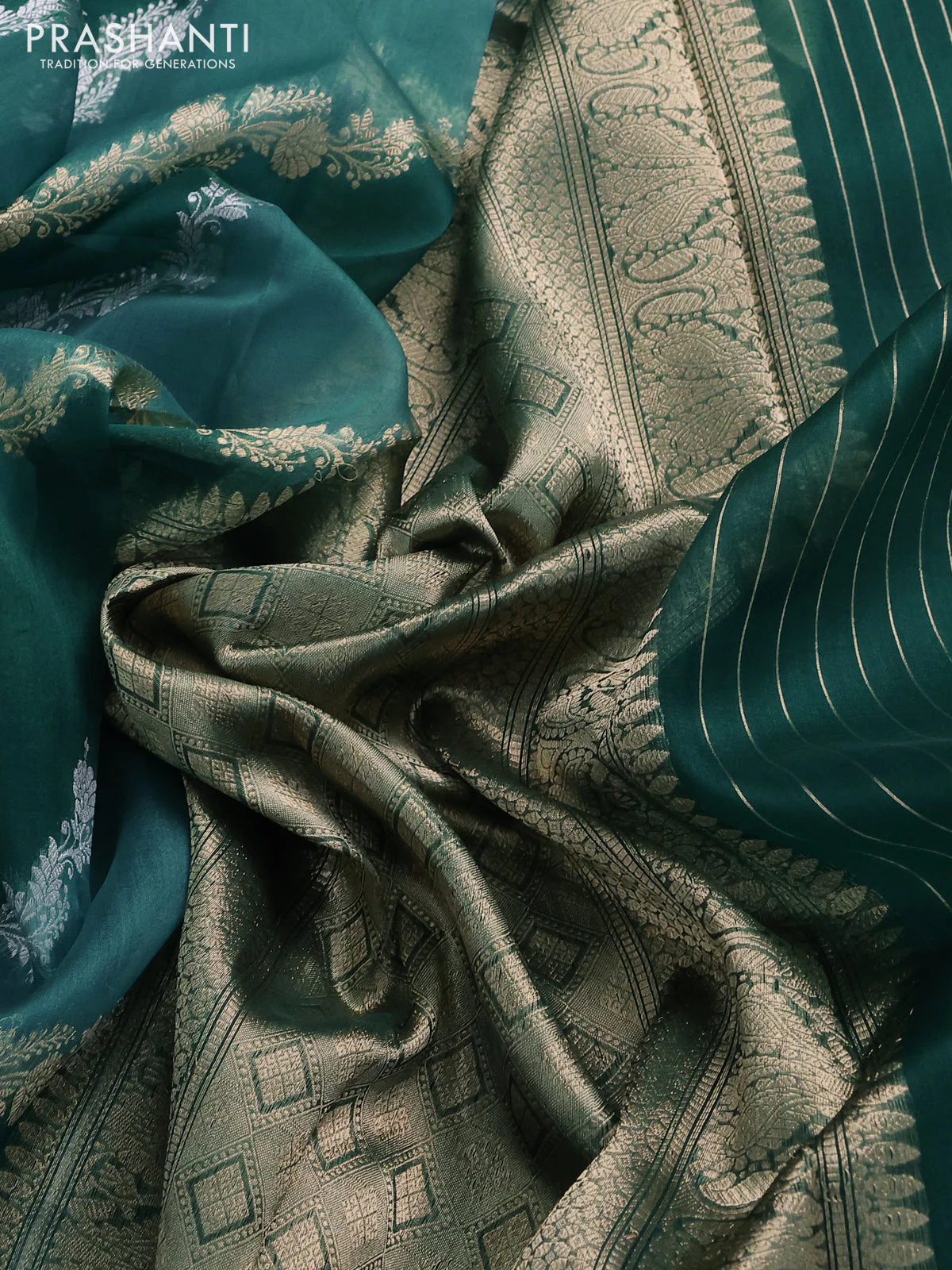 Banarasi organza silk saree teal green shade with silver & gold zari weaves and zari woven piping boder - Image 3