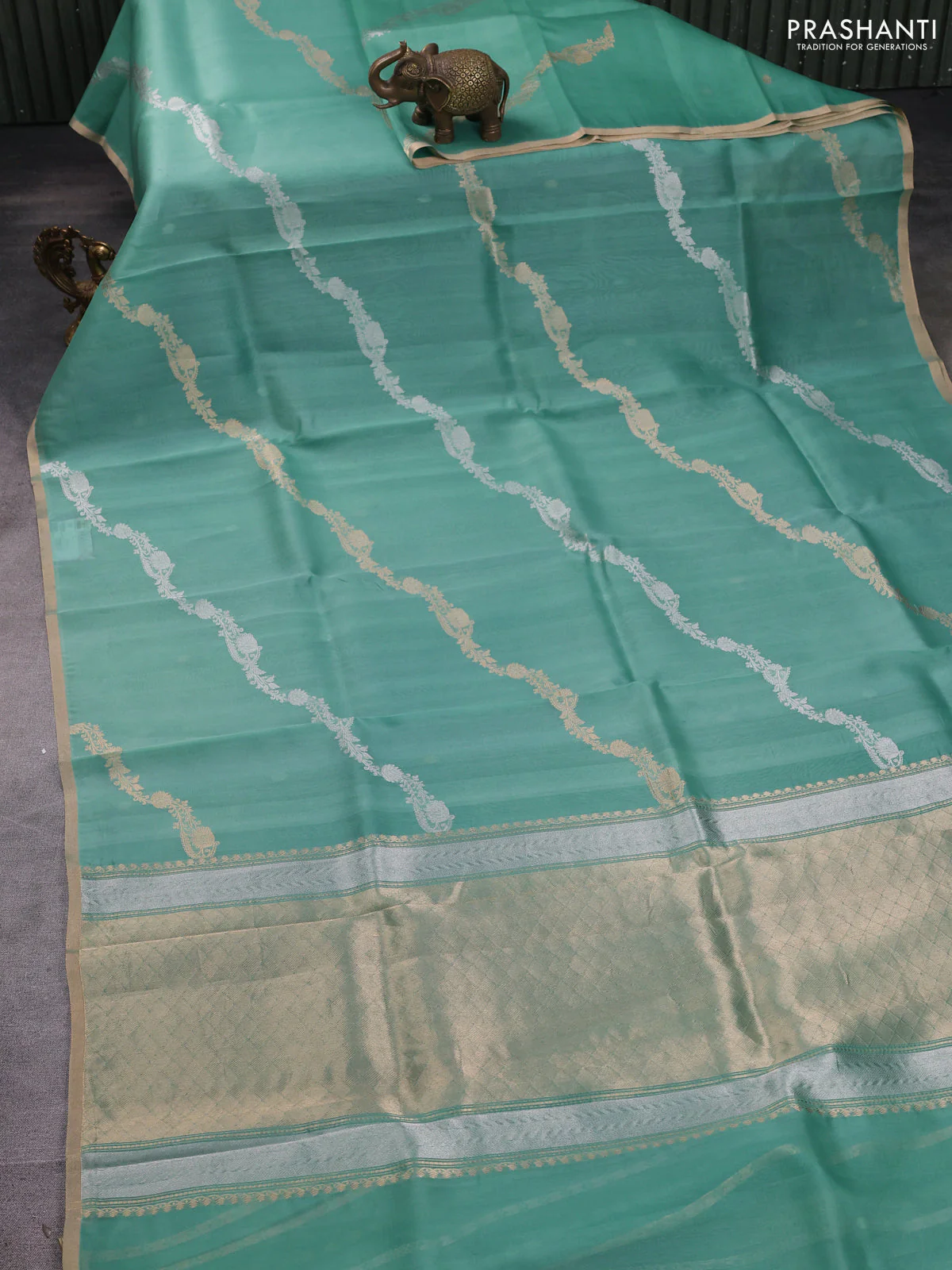 Banarasi organza silk saree teal green with allover silver & zari weaves and zari woven border - Image 2
