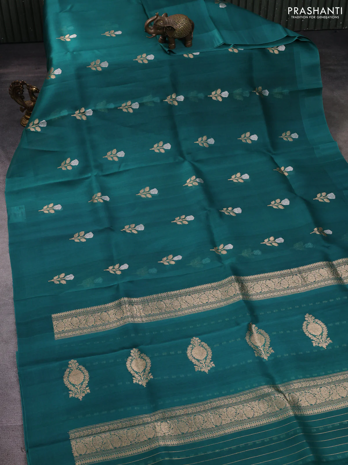 Banarasi organza silk saree teal green with allover zari woven buttas and zari woven simple border - Image 2