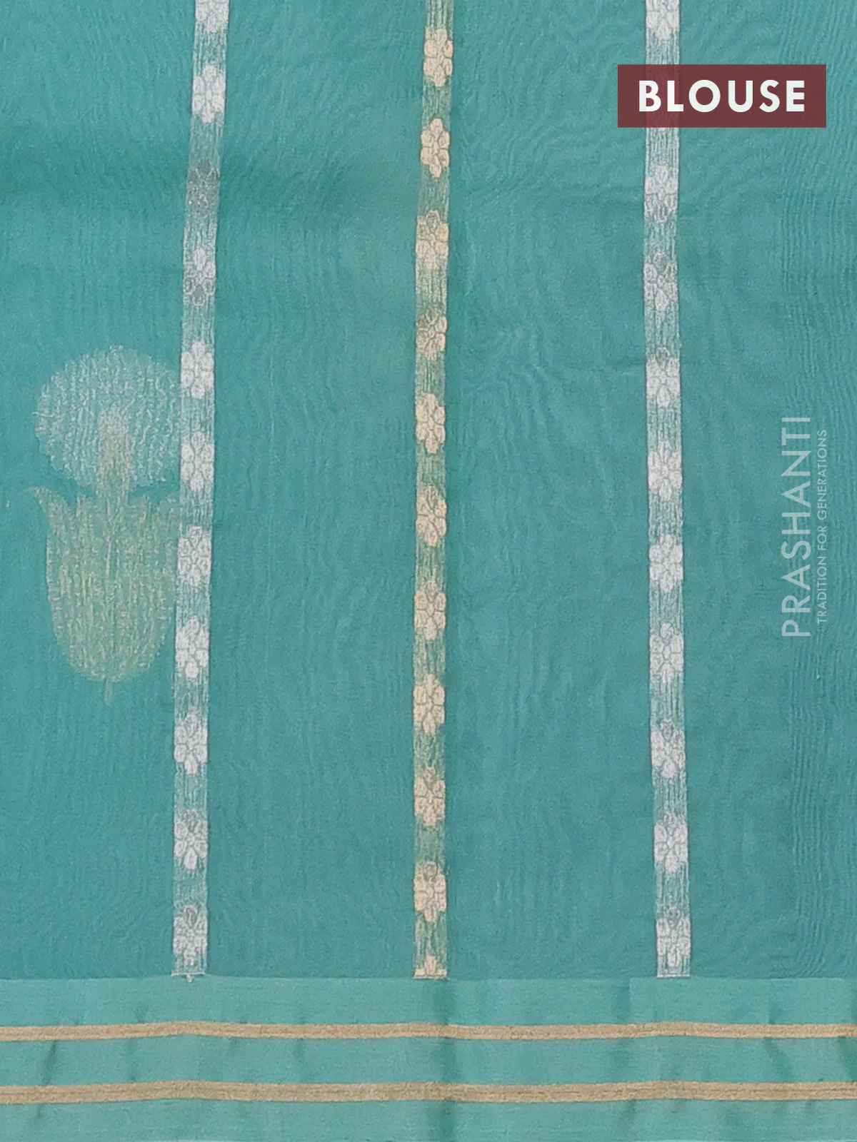 Banarasi organza silk saree teal green with floral zari woven buttas and zari woven border - Image 3