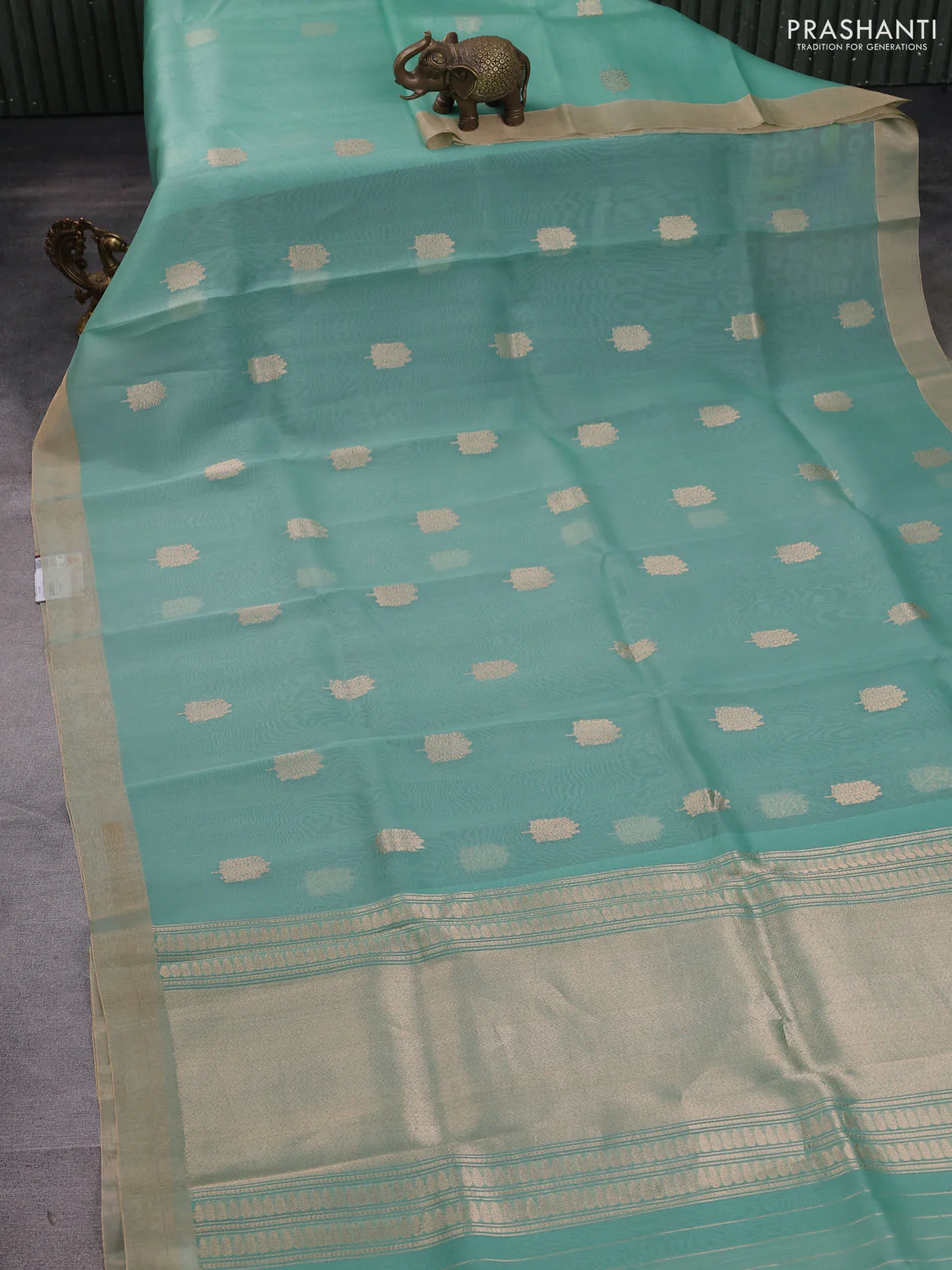 Banarasi organza silk saree teal green with prints & sequin embroidery work and zari woven border - Image 2