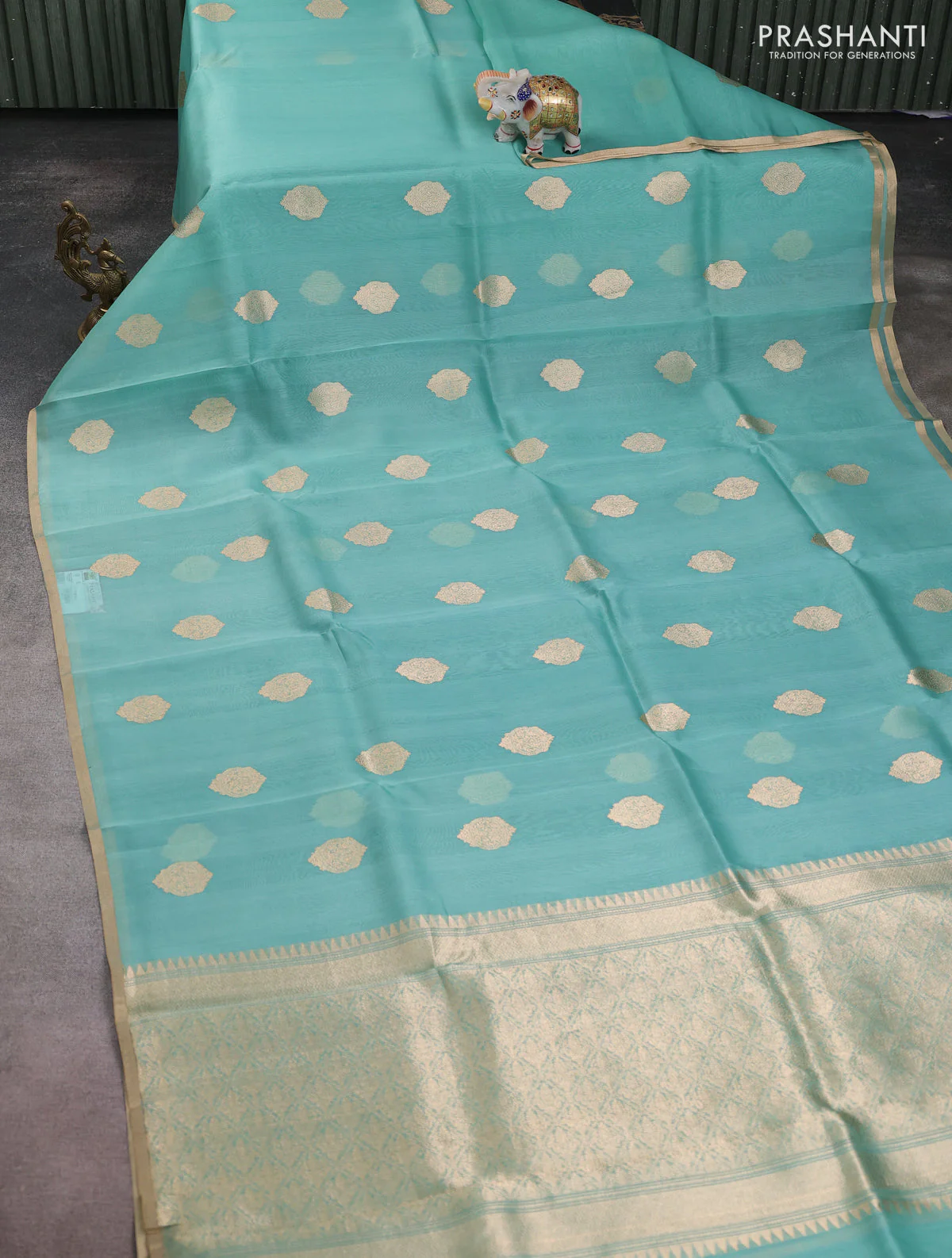 Banarasi organza silk saree teal green with zari woven buttas and zari woven border - Image 2
