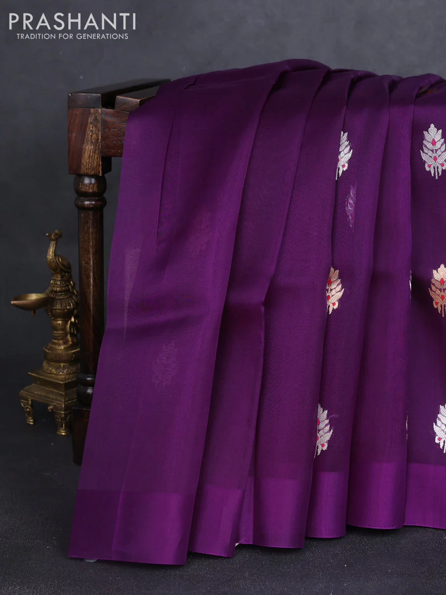 Banarasi organza silk saree violet with zari woven buttas and simple border