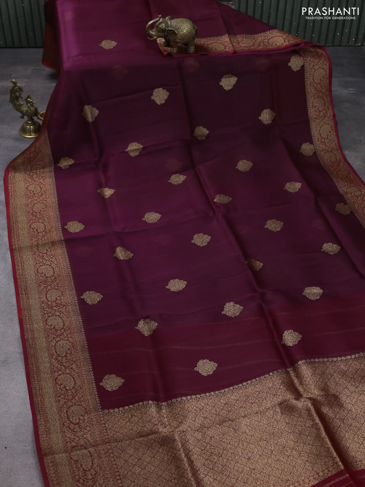 Banarasi organza silk saree wine shade and red with woven buttas and woven border - Image 2