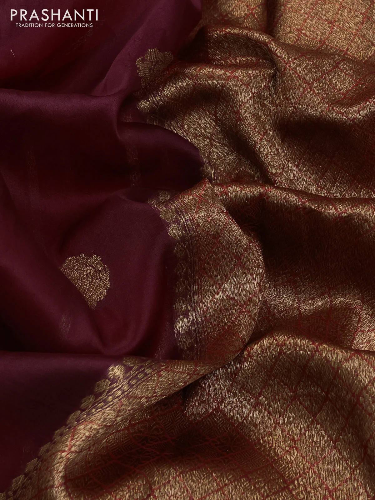 Banarasi organza silk saree wine shade and red with woven buttas and woven border - Image 3