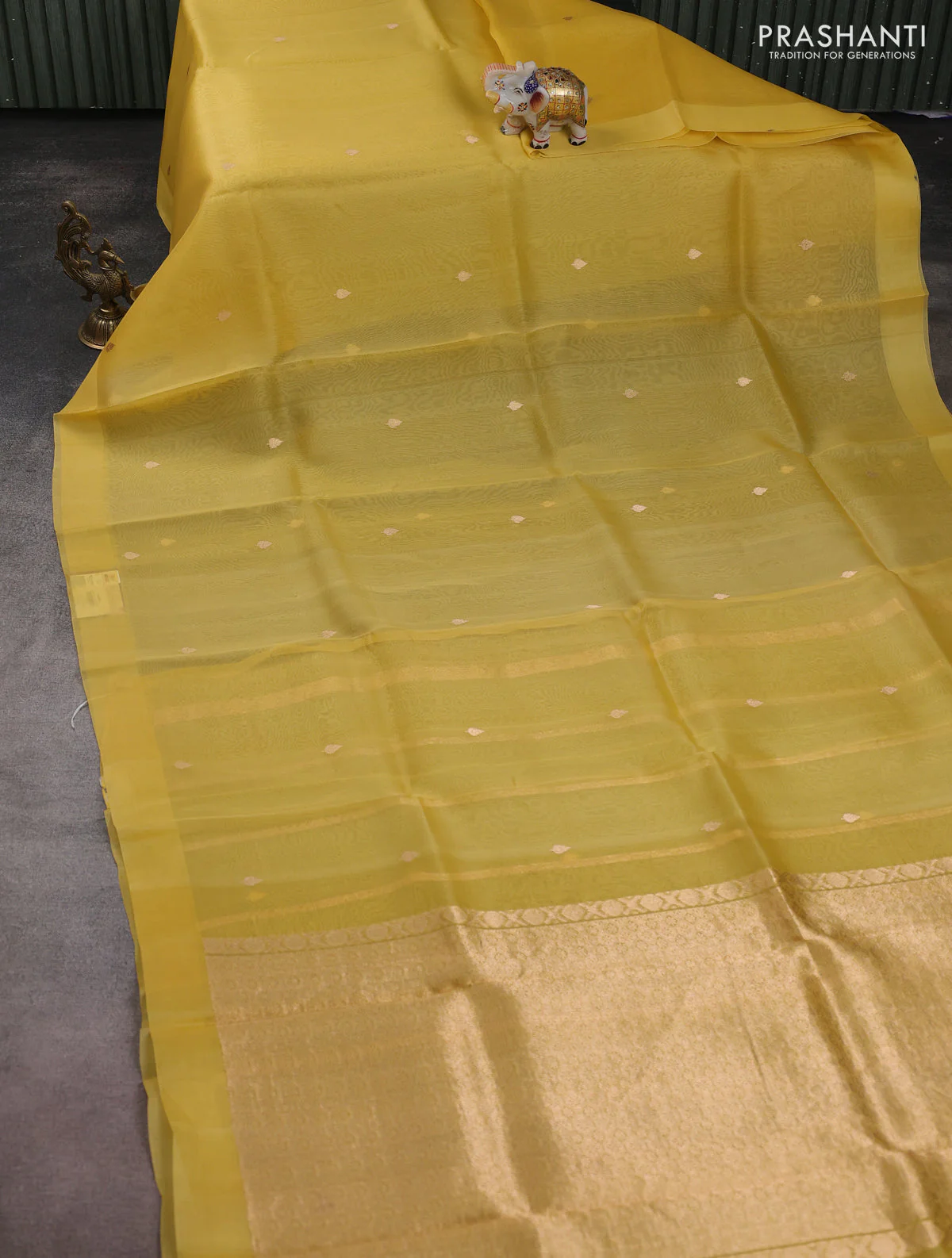 Banarasi organza silk saree yellow with zari woven buttas and simple border - Image 2