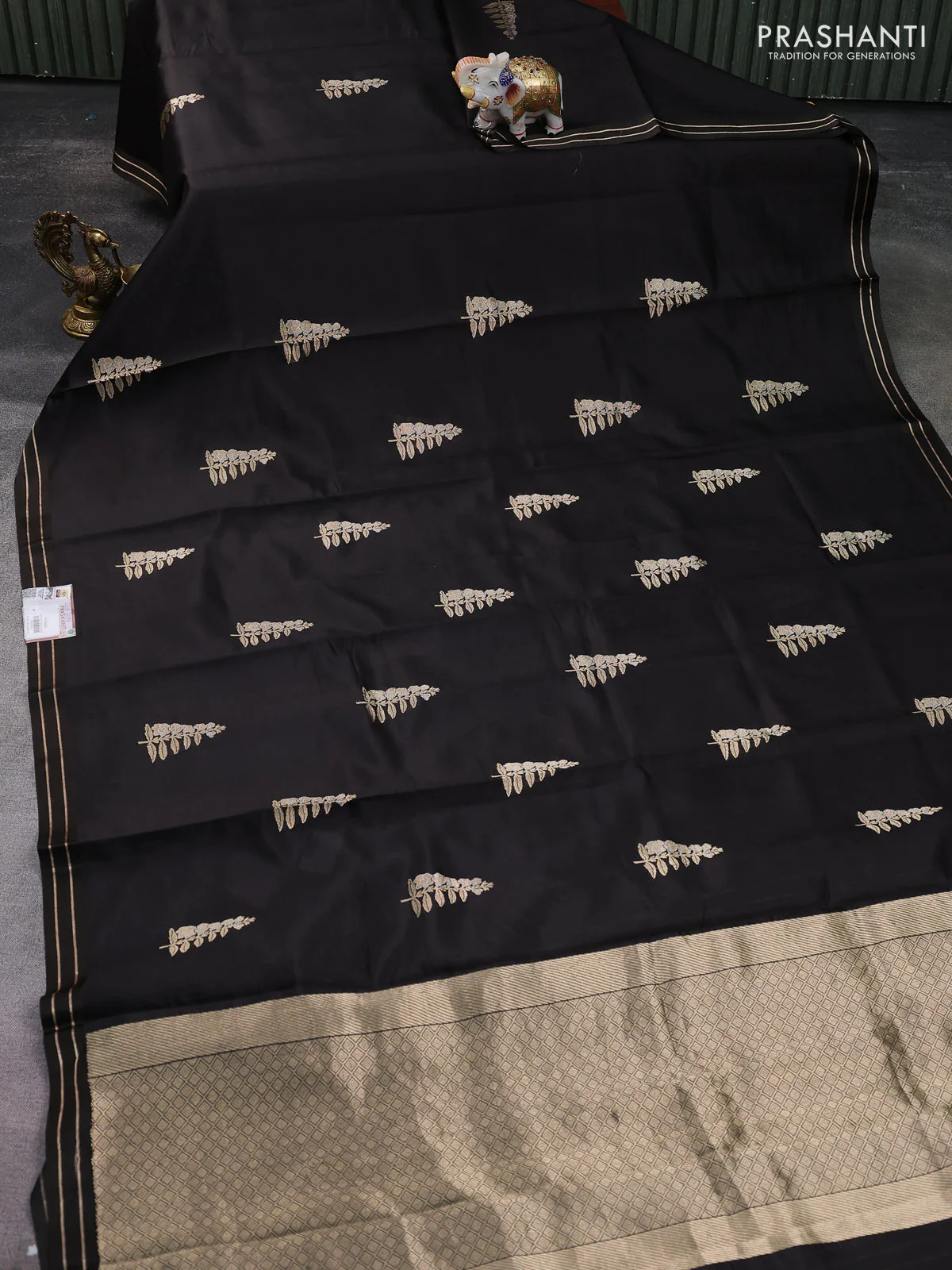 Banarasi poona silk saree black with zari woven leaf buttas and simple zari border - Image 2