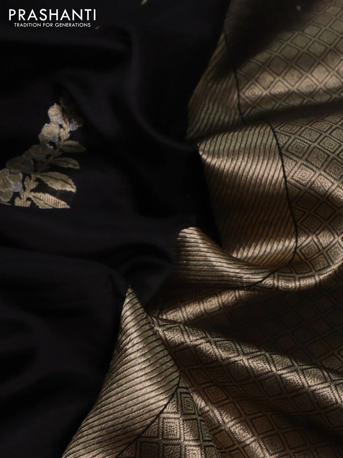 Banarasi poona silk saree black with zari woven leaf buttas and simple zari border - Image 3