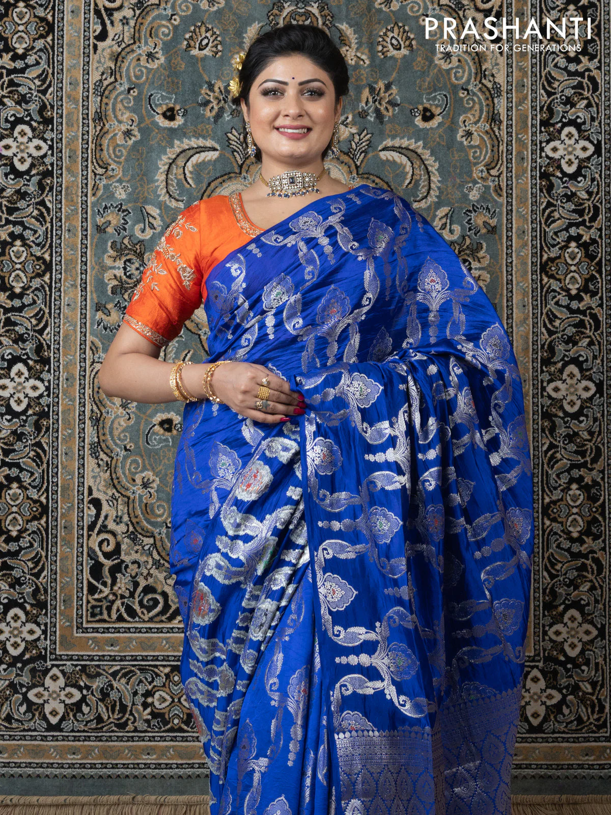 Banarasi poona silk saree blue and mango yellow with allover zari weaves in borderless style - Image 3