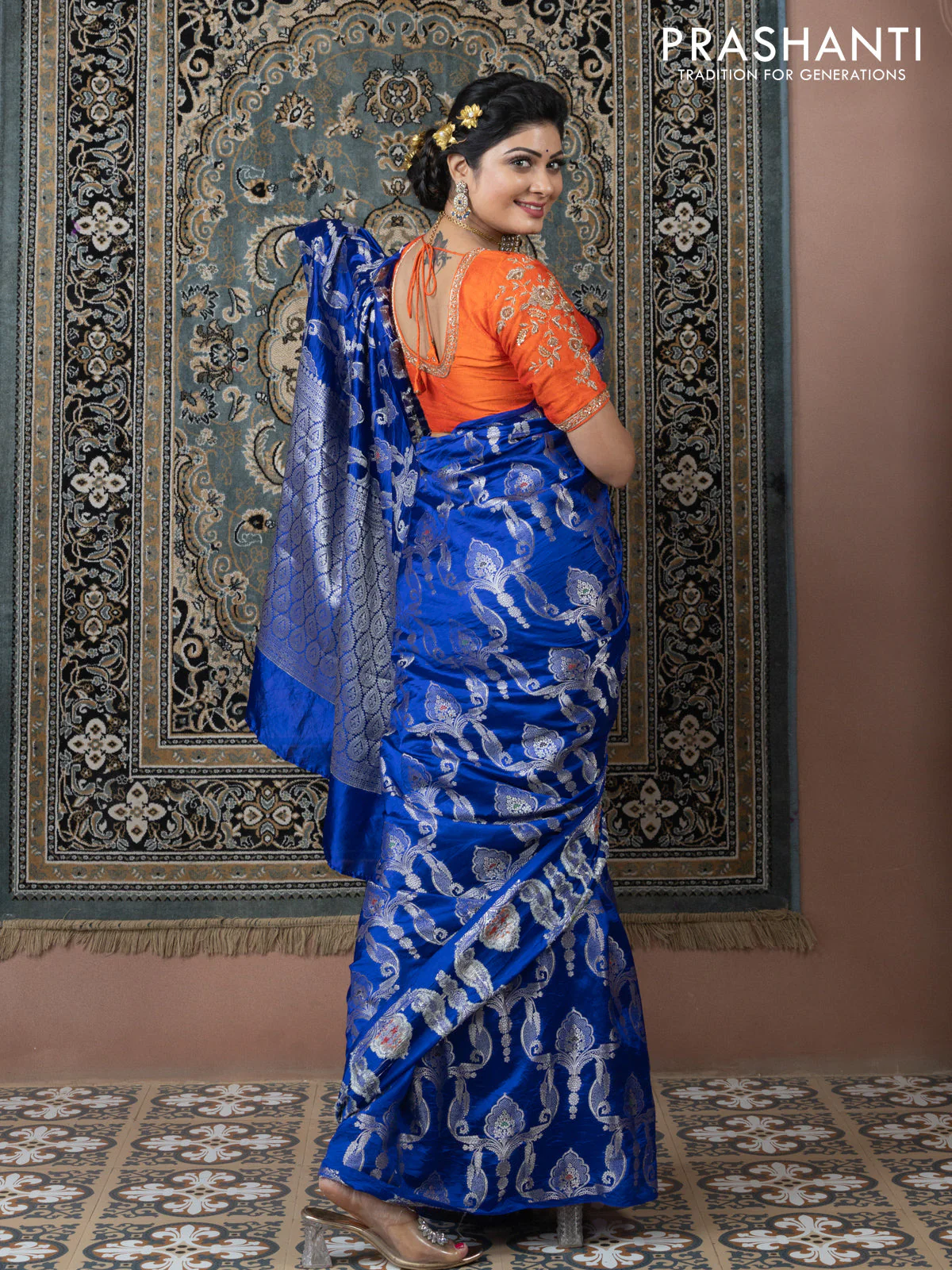 Banarasi poona silk saree blue and mango yellow with allover zari weaves in borderless style - Image 4