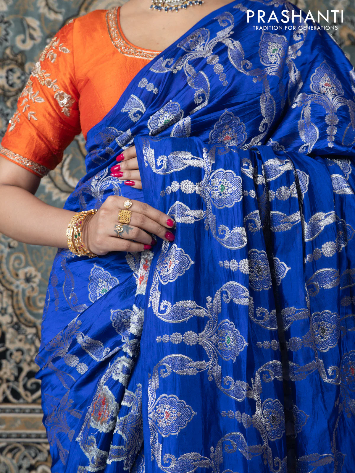 Banarasi poona silk saree blue and mango yellow with allover zari weaves in borderless style - Image 5