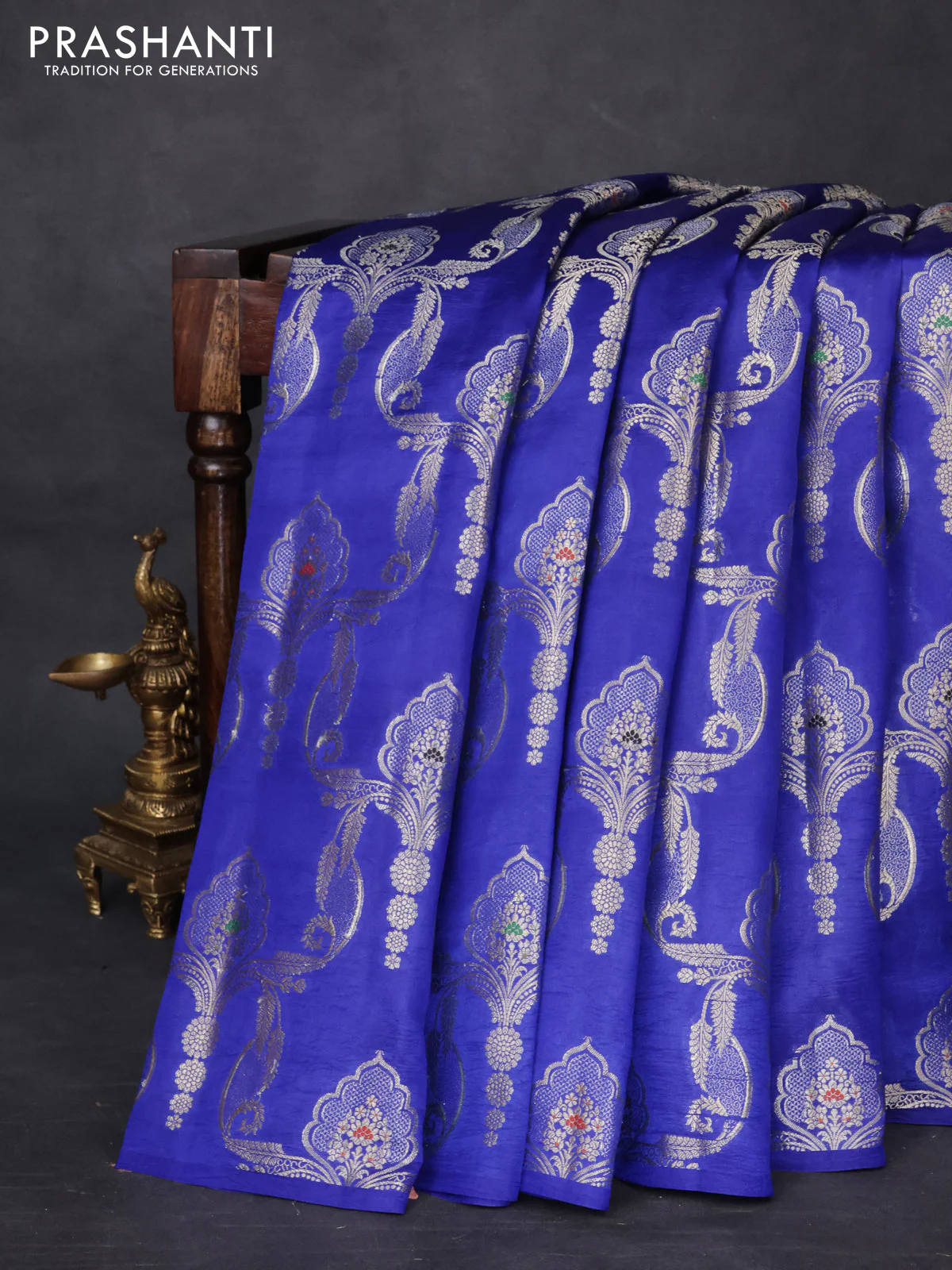 Banarasi poona silk saree blue and mango yellow with allover zari weaves in borderless style - Image 6