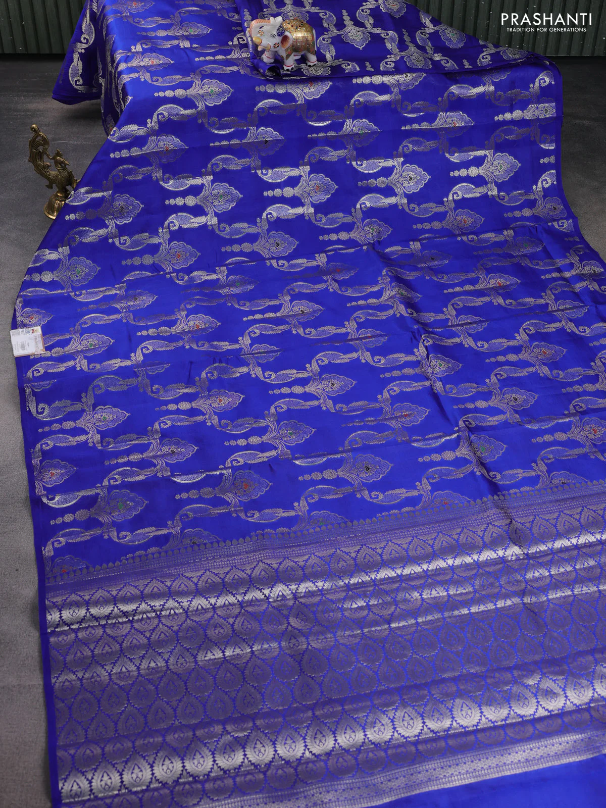 Banarasi poona silk saree blue and mango yellow with allover zari weaves in borderless style - Image 7