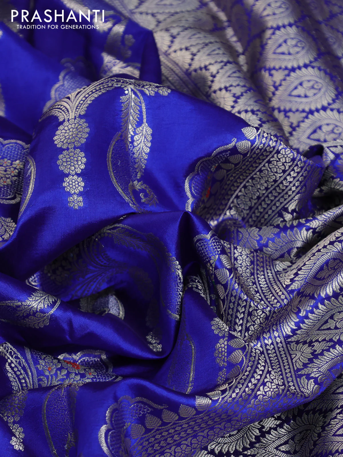 Banarasi poona silk saree blue and mango yellow with allover zari weaves in borderless style - Image 8