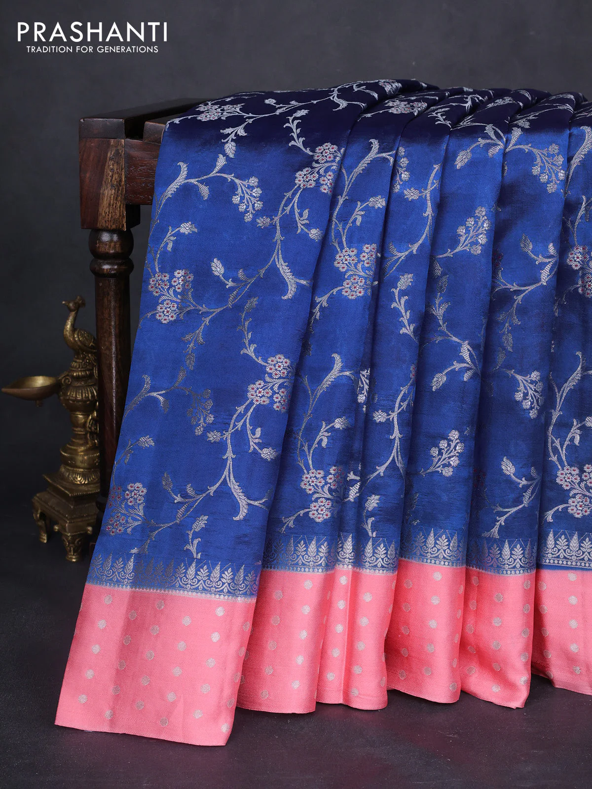 Banarasi poona silk saree blue and peach shade with allover silver zari weaves and silver zari woven butta border