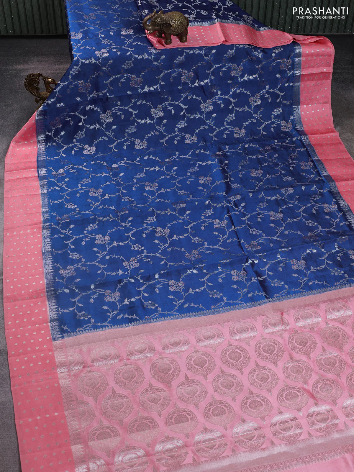Banarasi poona silk saree blue and peach shade with allover silver zari weaves and silver zari woven butta border - Image 2