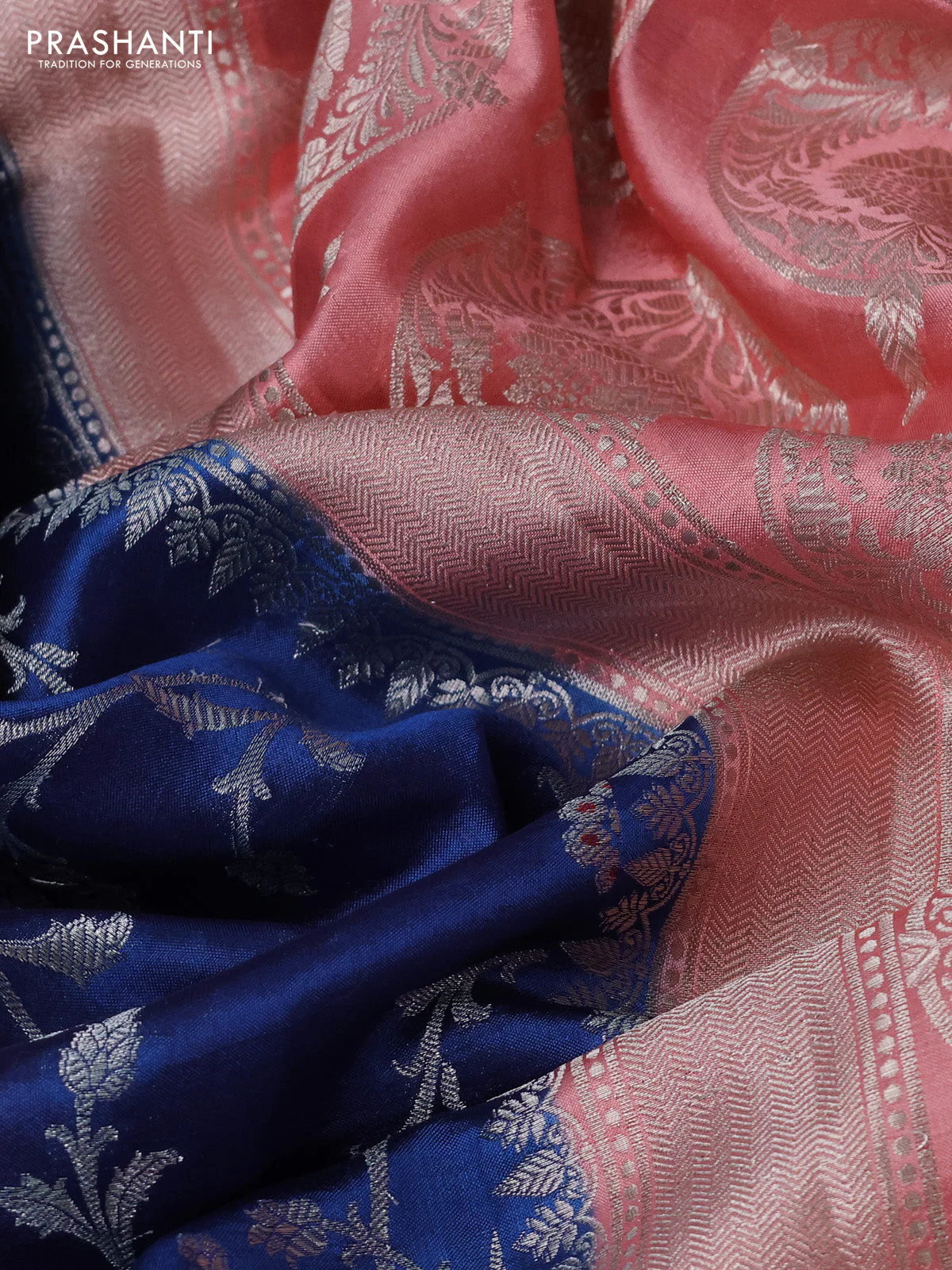 Banarasi poona silk saree blue and peach shade with allover silver zari weaves and silver zari woven butta border - Image 3