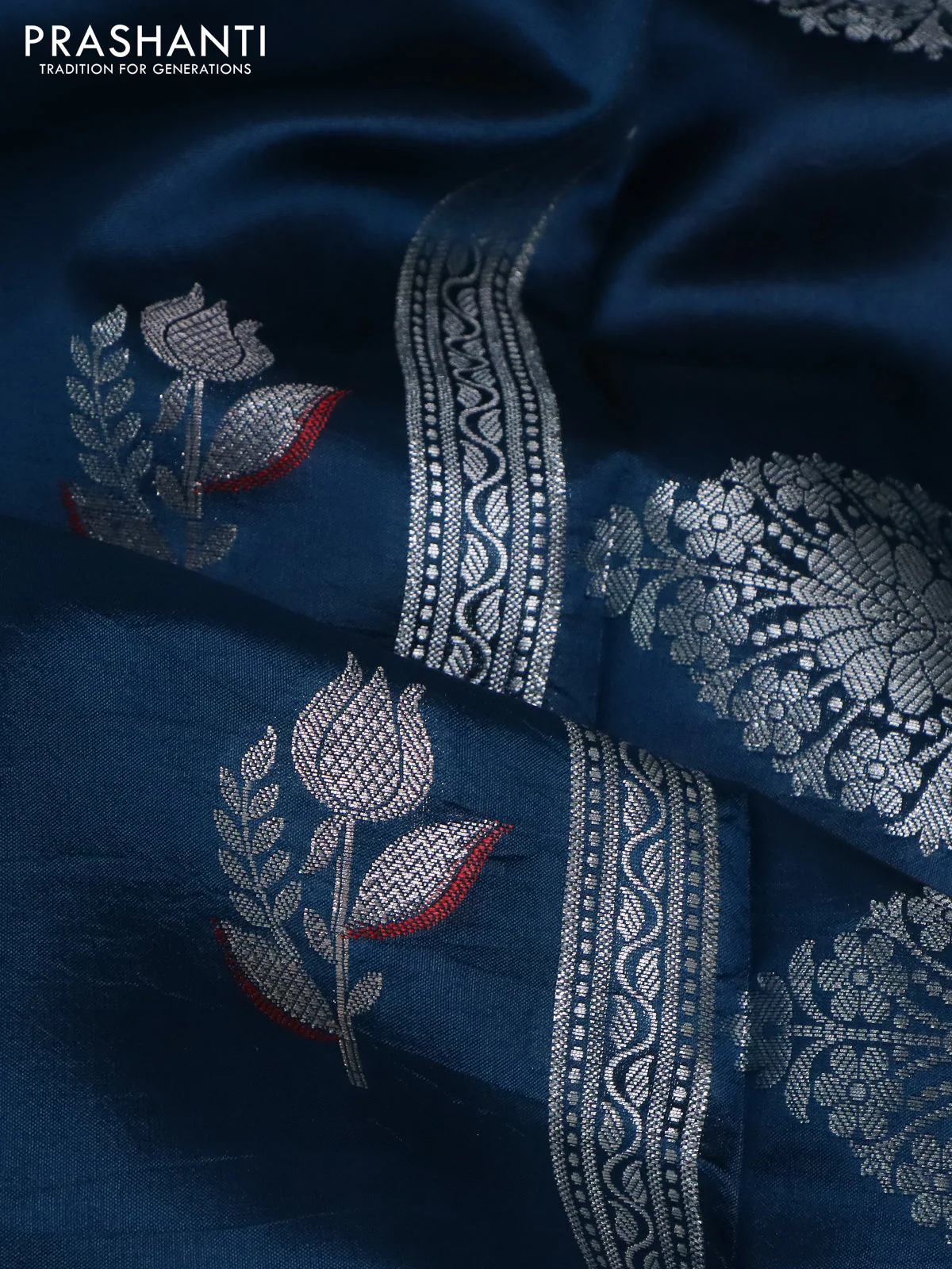 Banarasi poona silk saree cs blue and red with silver zari woven floral buttas and silver zari woven border - Image 3