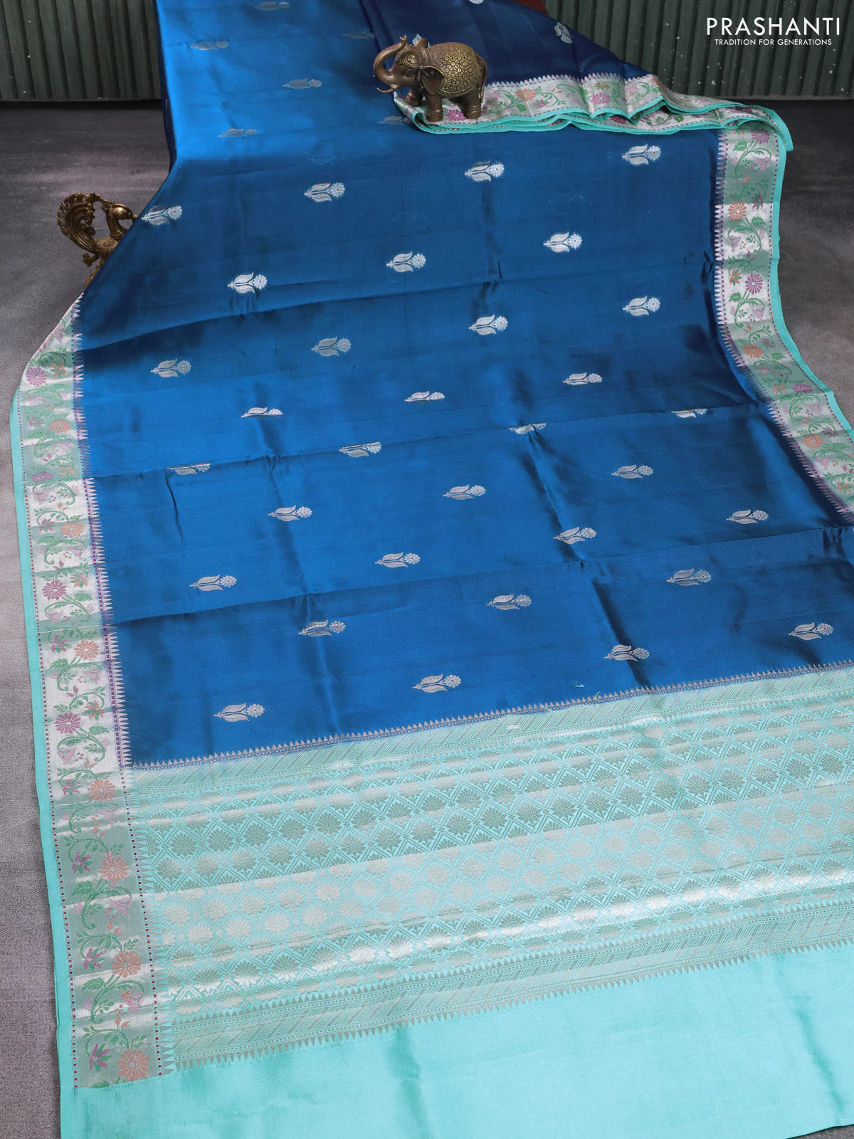 Banarasi poona silk saree cs blue and teal blue with floral zari woven buttas and floral design zari woven border - Image 2
