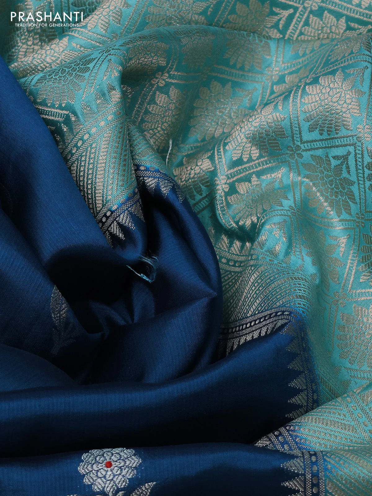 Banarasi poona silk saree cs blue and teal blue with floral zari woven buttas and floral design zari woven border - Image 3