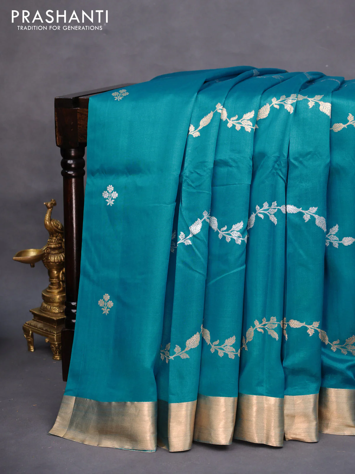 Banarasi poona silk saree cs blue with silver & gold zari weaves and zari woven border - Image 2