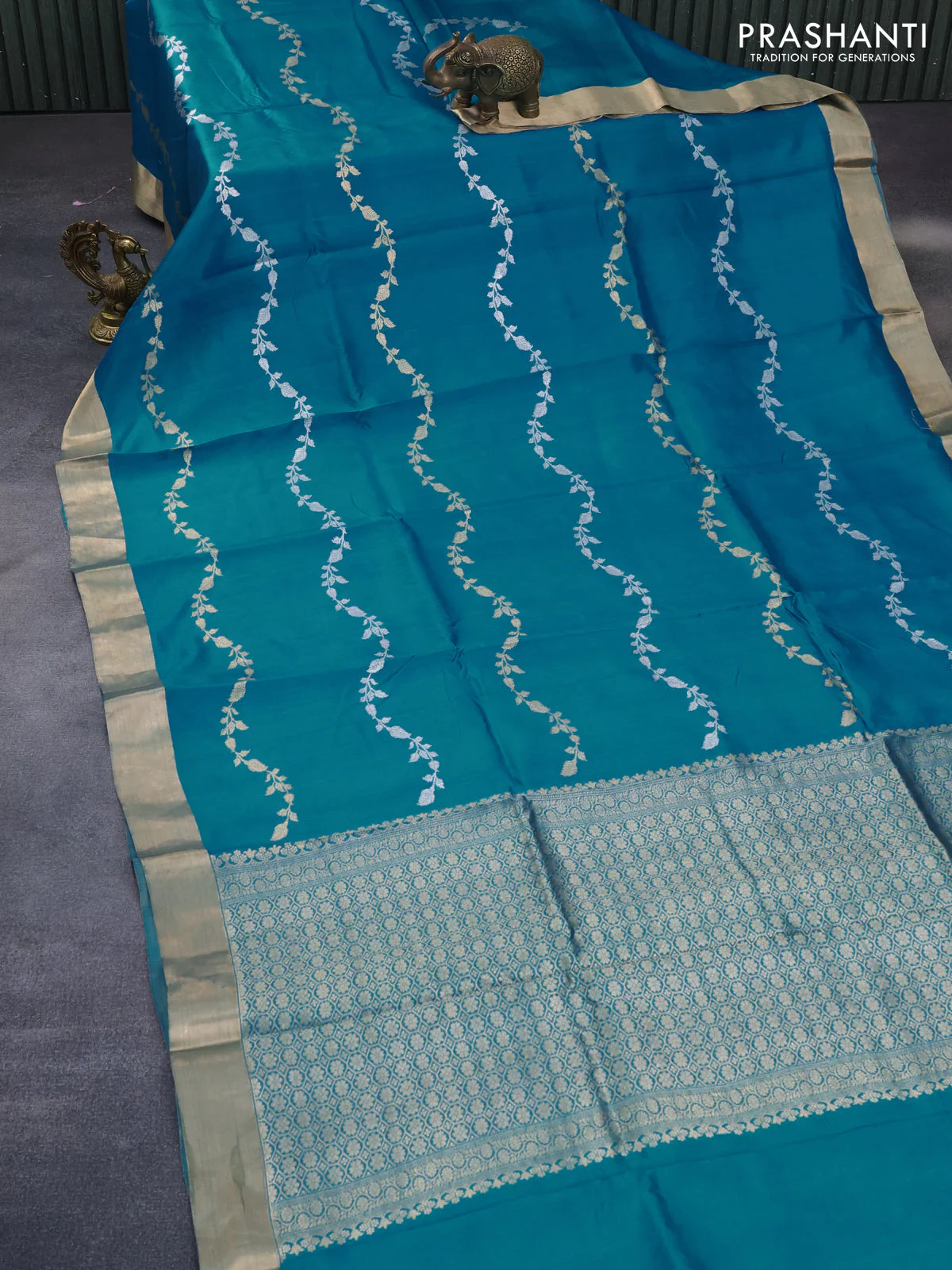 Banarasi poona silk saree cs blue with silver & gold zari weaves and zari woven border - Image 3