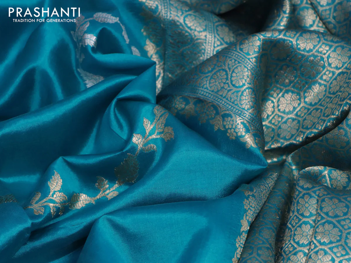 Banarasi poona silk saree cs blue with silver & gold zari weaves and zari woven border - Image 4