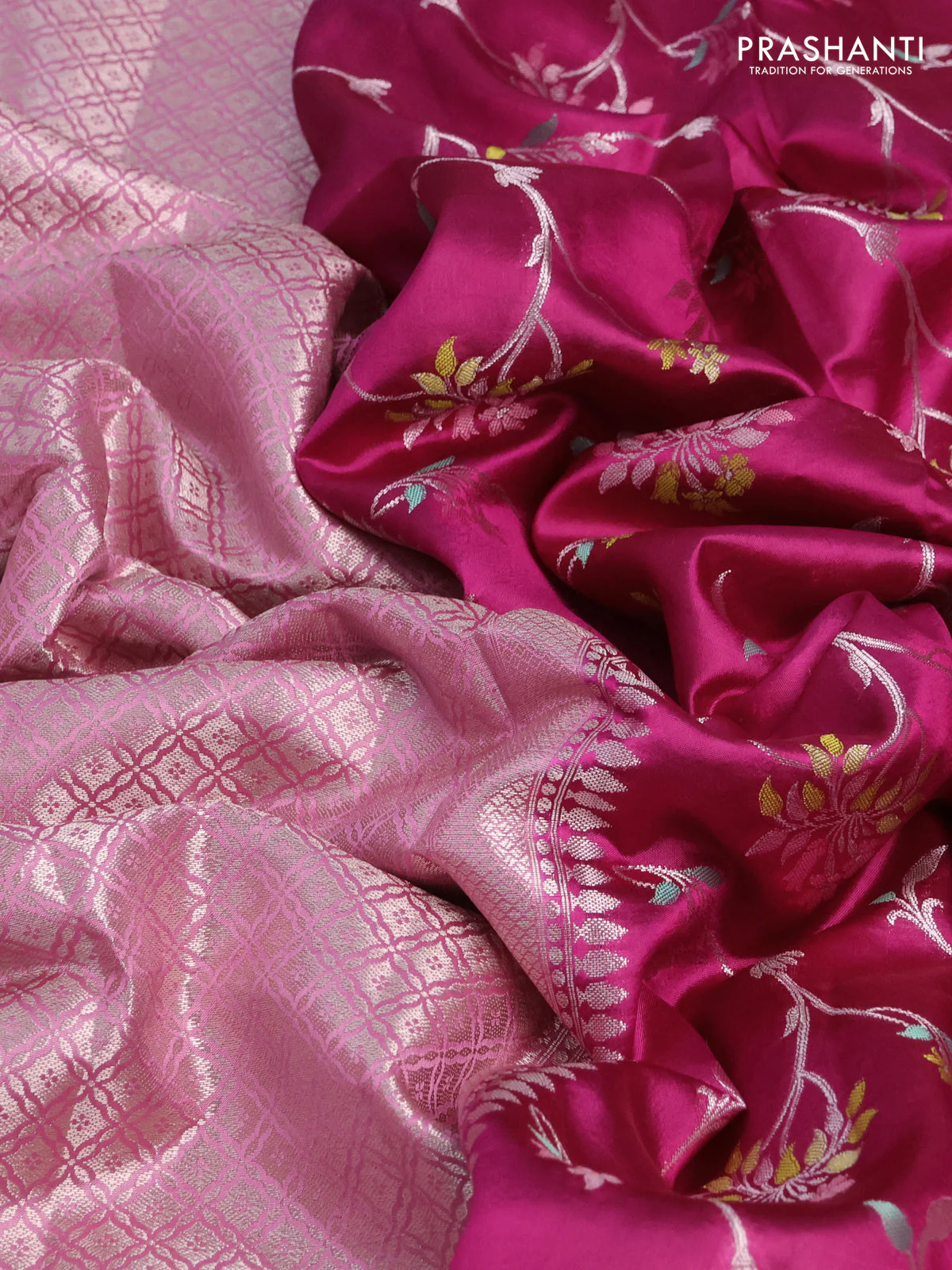 Banarasi poona silk saree dark pink and light pink with allover thread & zari woven floral weaves and zari woven floral border - Image 3