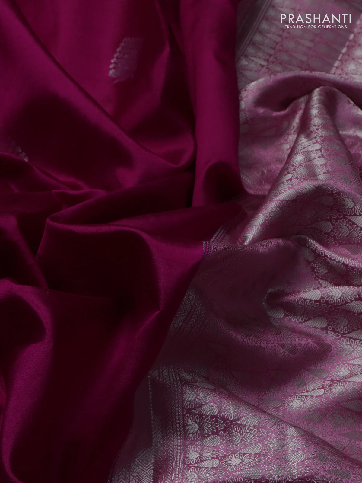 Banarasi poona silk saree dark pink and light pink with silver zari woven buttas and rich zari woven border - Image 3