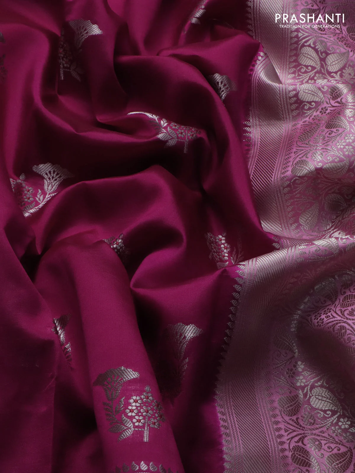 Banarasi poona silk saree dark pink and light pink with zari woven buttas and zari woven border - Image 3